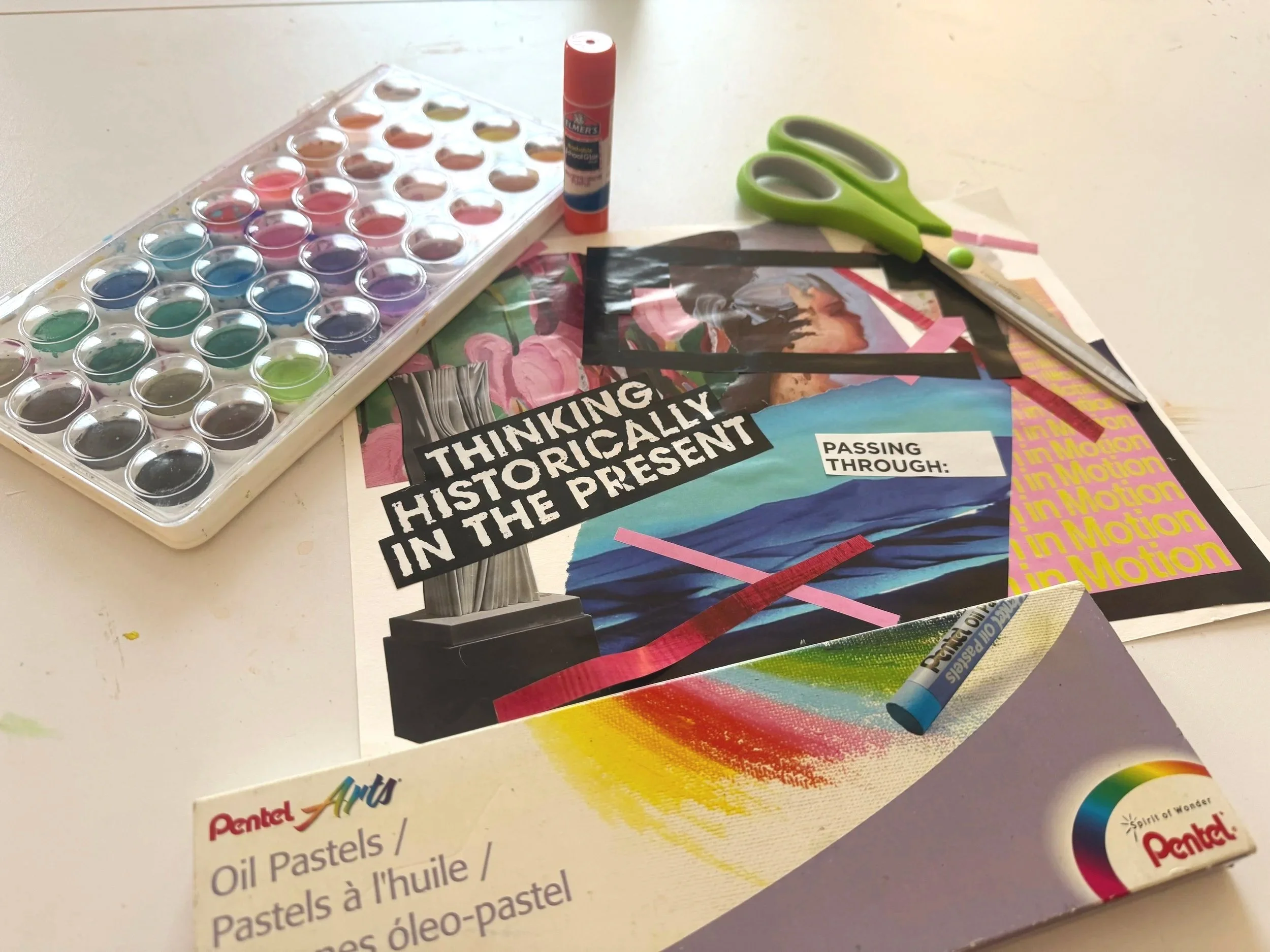 A collage with art materials surrounding