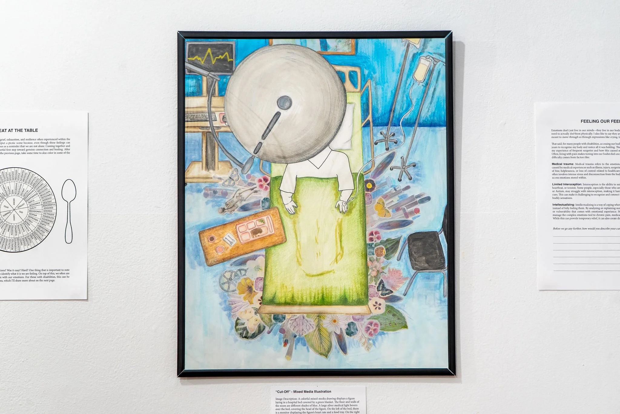 "Cut Off"; Mixed Media Drawing; 9 x 12"; Fall 2025; Image Description: A colorful mixed-media drawing displays a figure laying in a hospital bed covered by a green blanket. The floor and walls of the room are different shades of blue. A large silver 