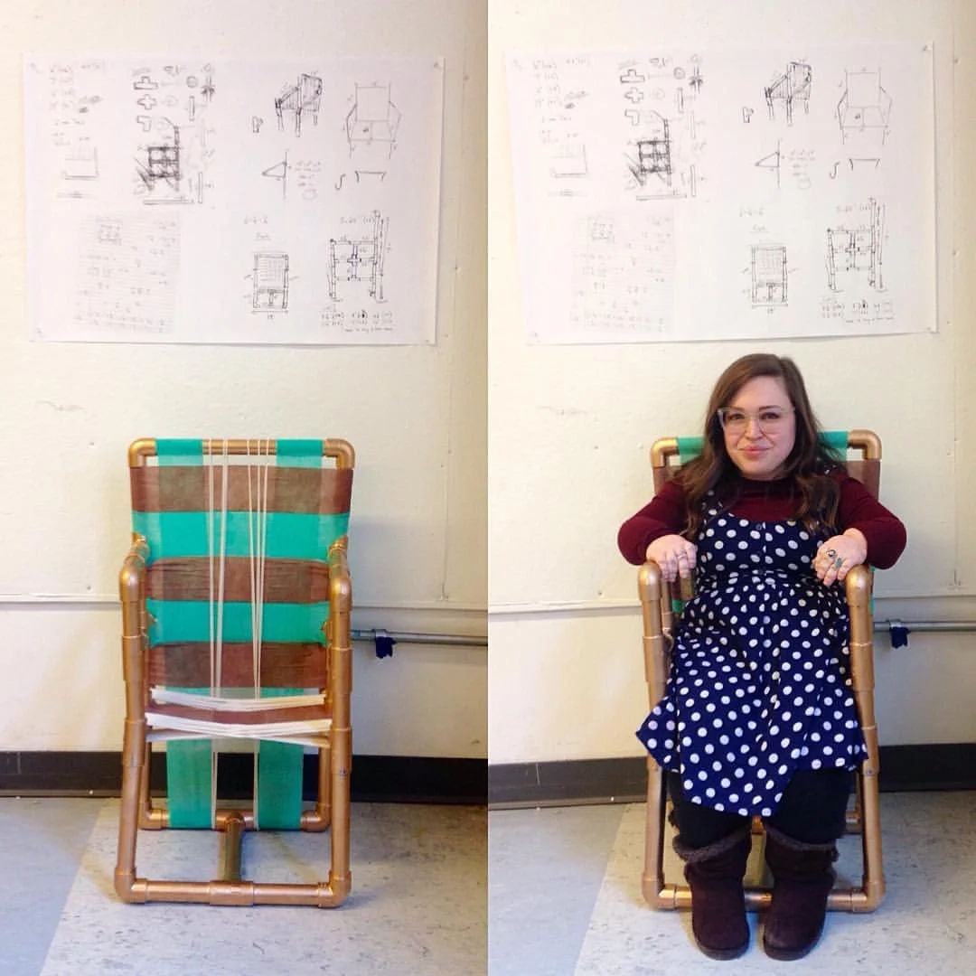 "Custom Chair"; Mixed Media Sculpture/Furniture Design; Fall 2016; Image Description: An image showing a side by side version of a chair with one side showing the empty chair and the other showing Bri, a white woman of short stature, sitting in the c