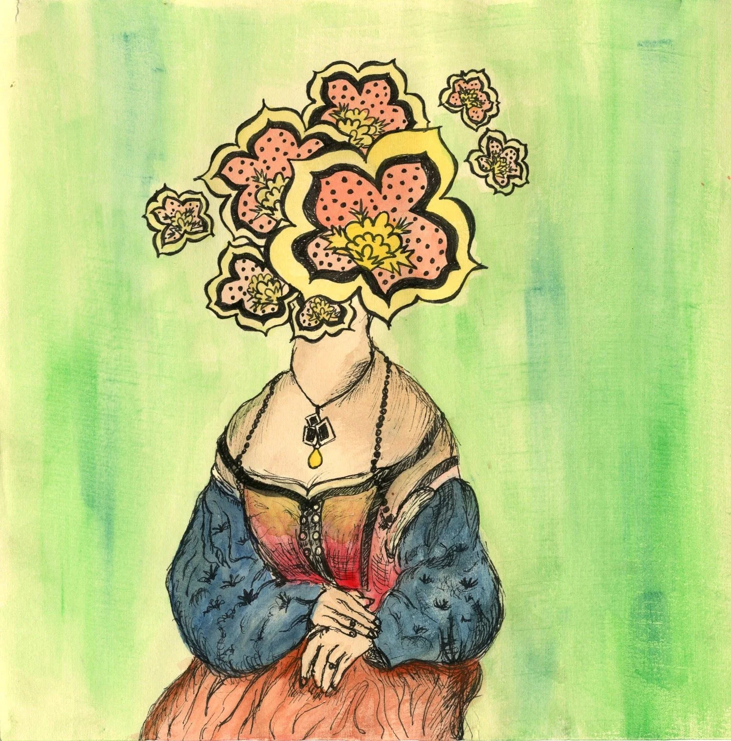 "Pain Abroad 2"; Ink and Watercolor Sketch; Summer 2011; Image Description: A sketched female figure is sitting posed while wearing a dress from the Italian renaissance era. Her head is covered by a series of architectural emblem designs in various s