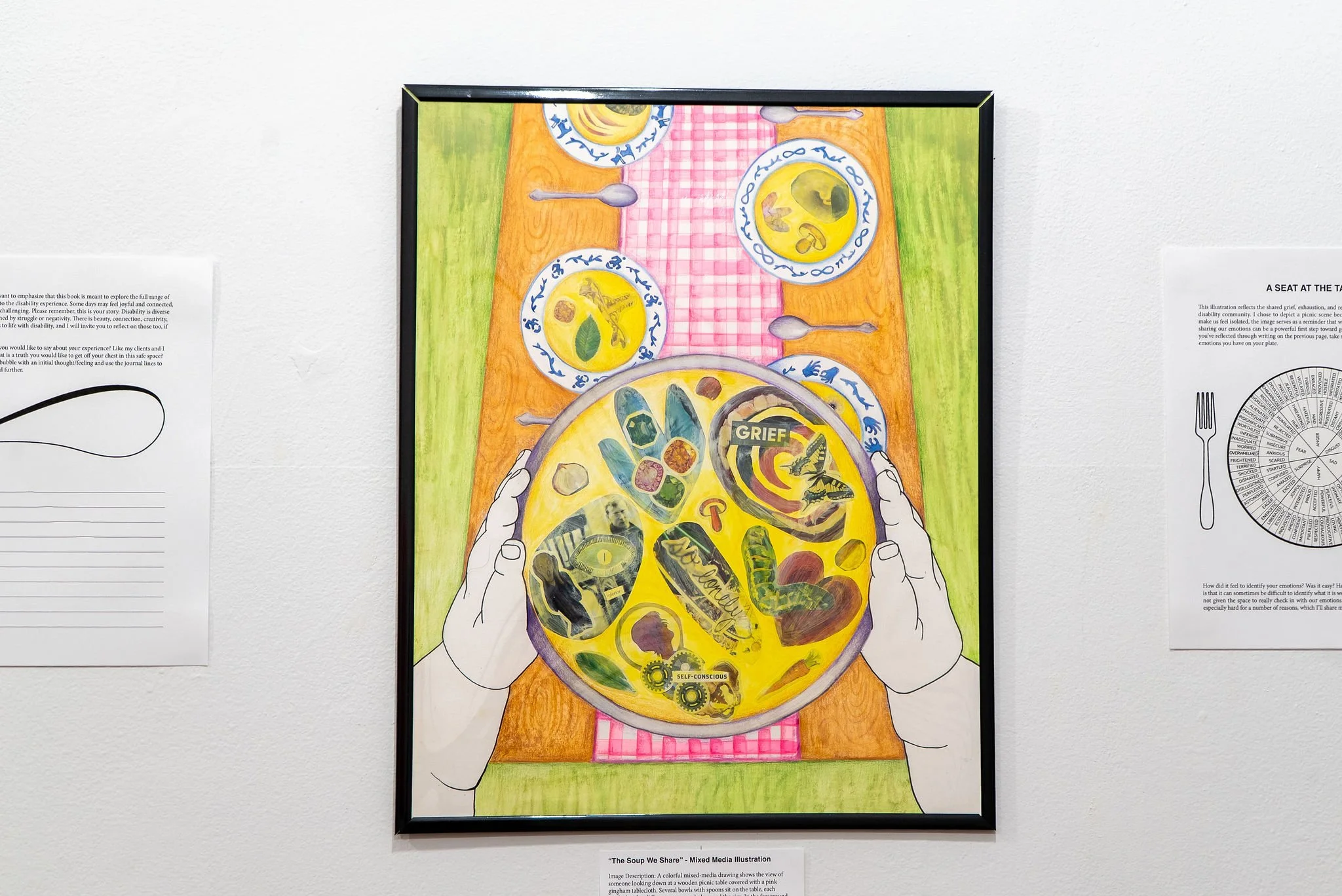 "The Soup We Share"; Mixed Media Drawing; 9 x 12"; Fall 2025; Image Description: A colorful mixed-media drawing shows the view of someone looking down at a wooden picnic table covered with a pink gingham tablecloth. Several bowls with spoons sit on t