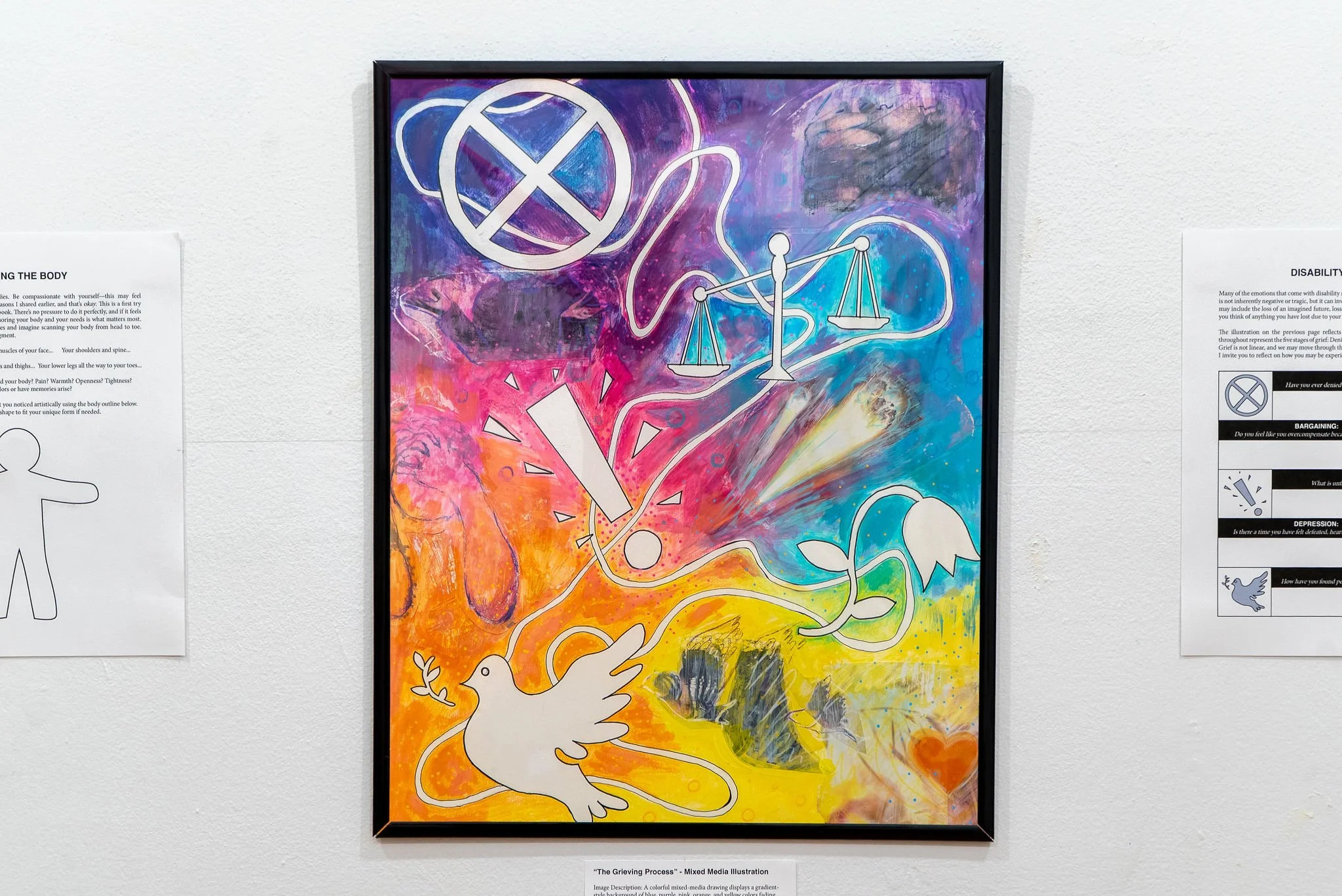 "The Grieving Process"; Mixed Media Drawing; 9 x 12"; Fall 2025; Image Description: A colorful mixed-media drawing displays a gradient-style background of blue, purple, pink, orange, and yellow colors fading together. Atop the background, we see a wh