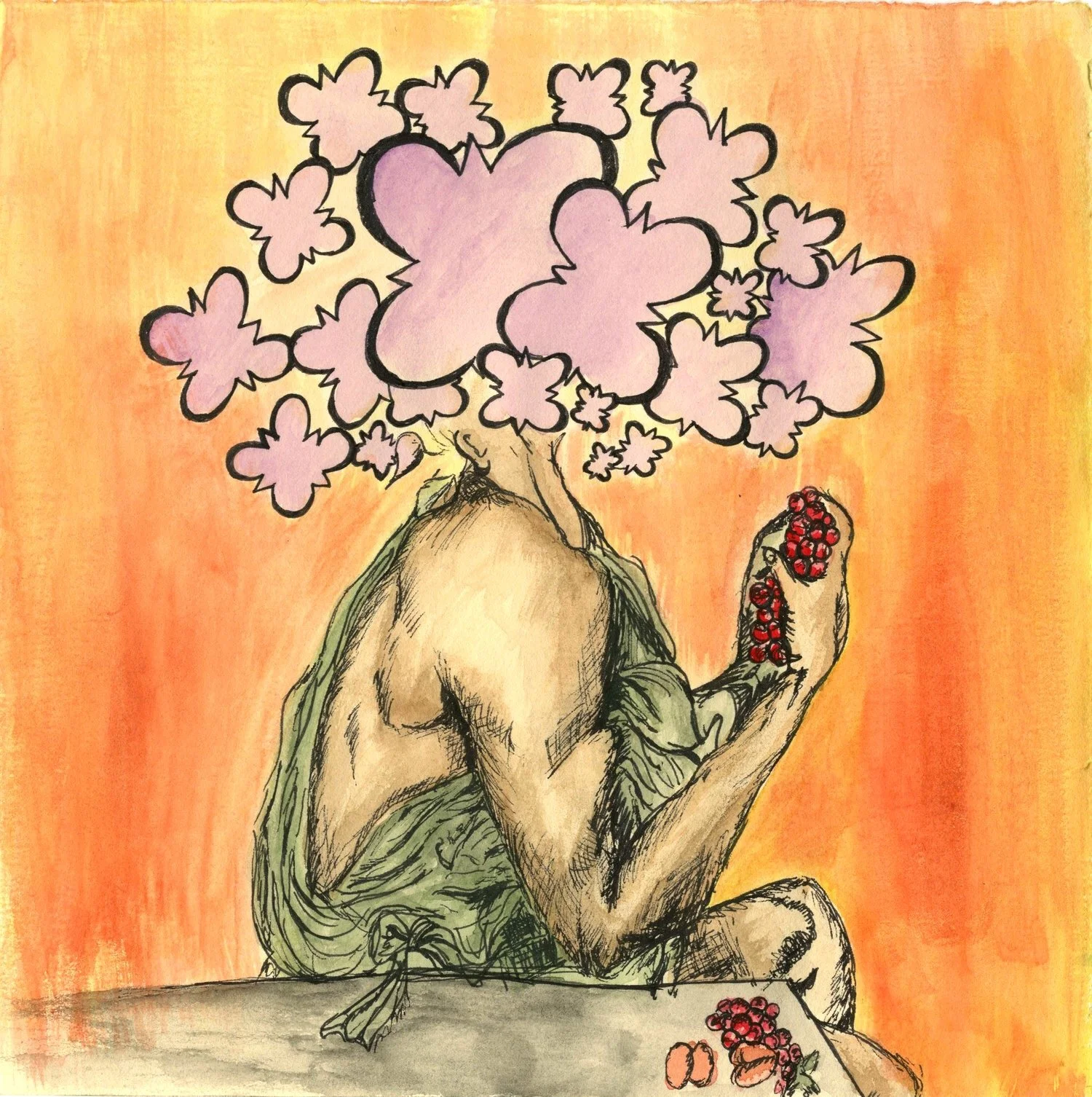 "Pain Abroad 1"; Ink and Watercolor Sketch; Summer 2011; Image Description: A sketched male figure is wearing a toga and holding grapes. His head is covered by a series of architectural emblem designs in various sizes. The figure is set against an or