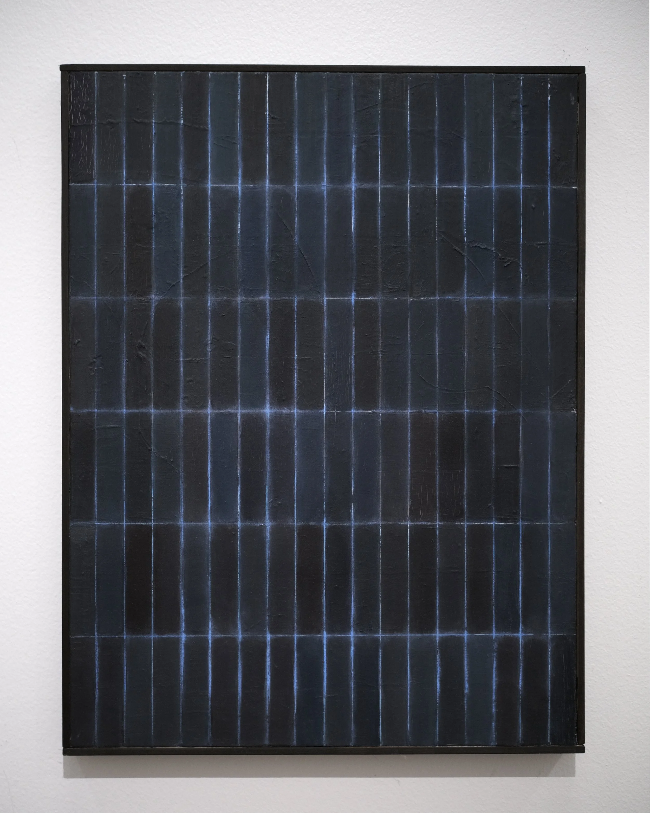 Abstract geometric painting with rectangles and stripes in shades of beige, white, gray, black, and dark green.