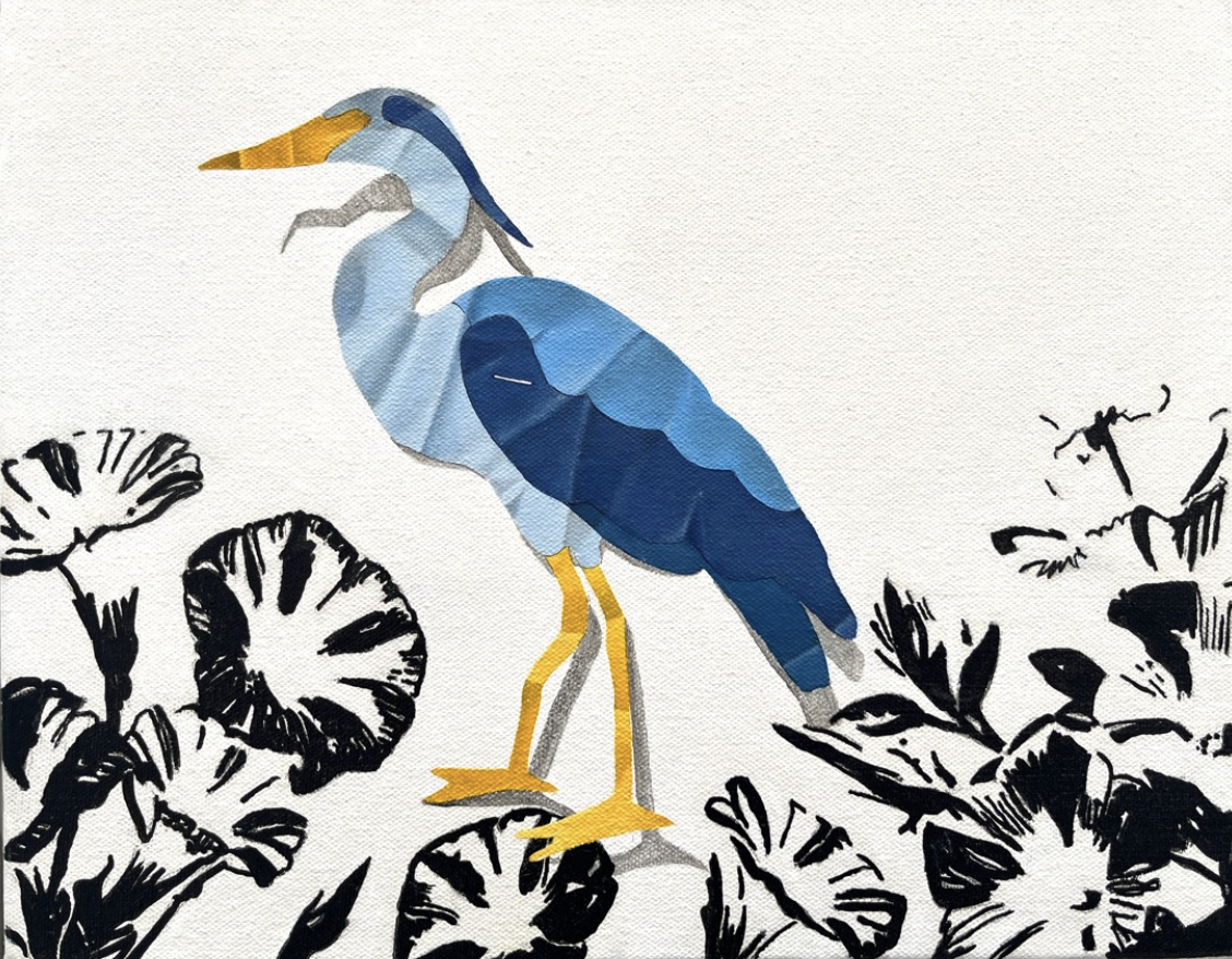 Great Blue Heron among Saltmarsh Morning Glories,.png