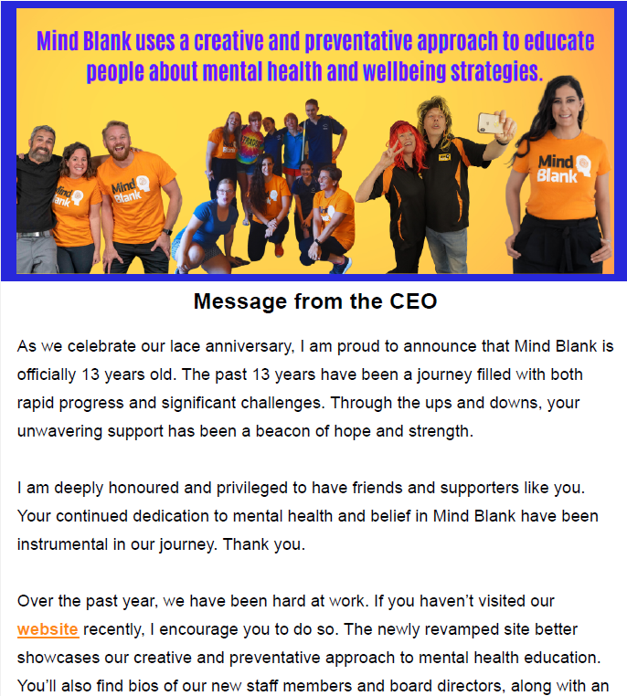 Mind Blank Quarterly Newsletter to Donors