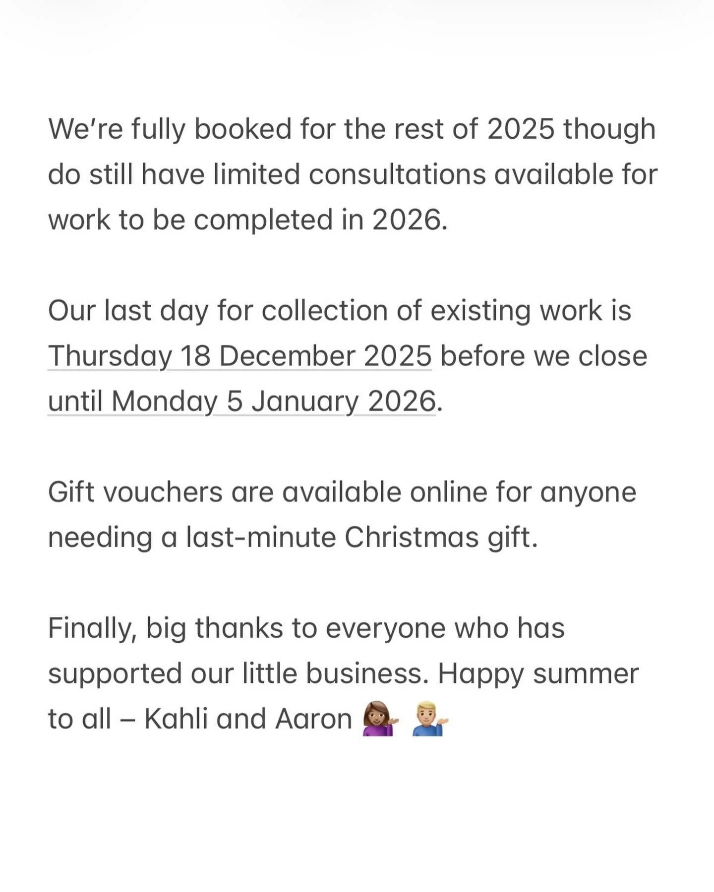 ❣️We&rsquo;re fully booked for the rest of 2025, but please reach out if you&rsquo;d like to book a consult for work to be completed in the new year. 

😳January is filling fast, so we&rsquo;d recommend getting in touch as soon as possible, particula