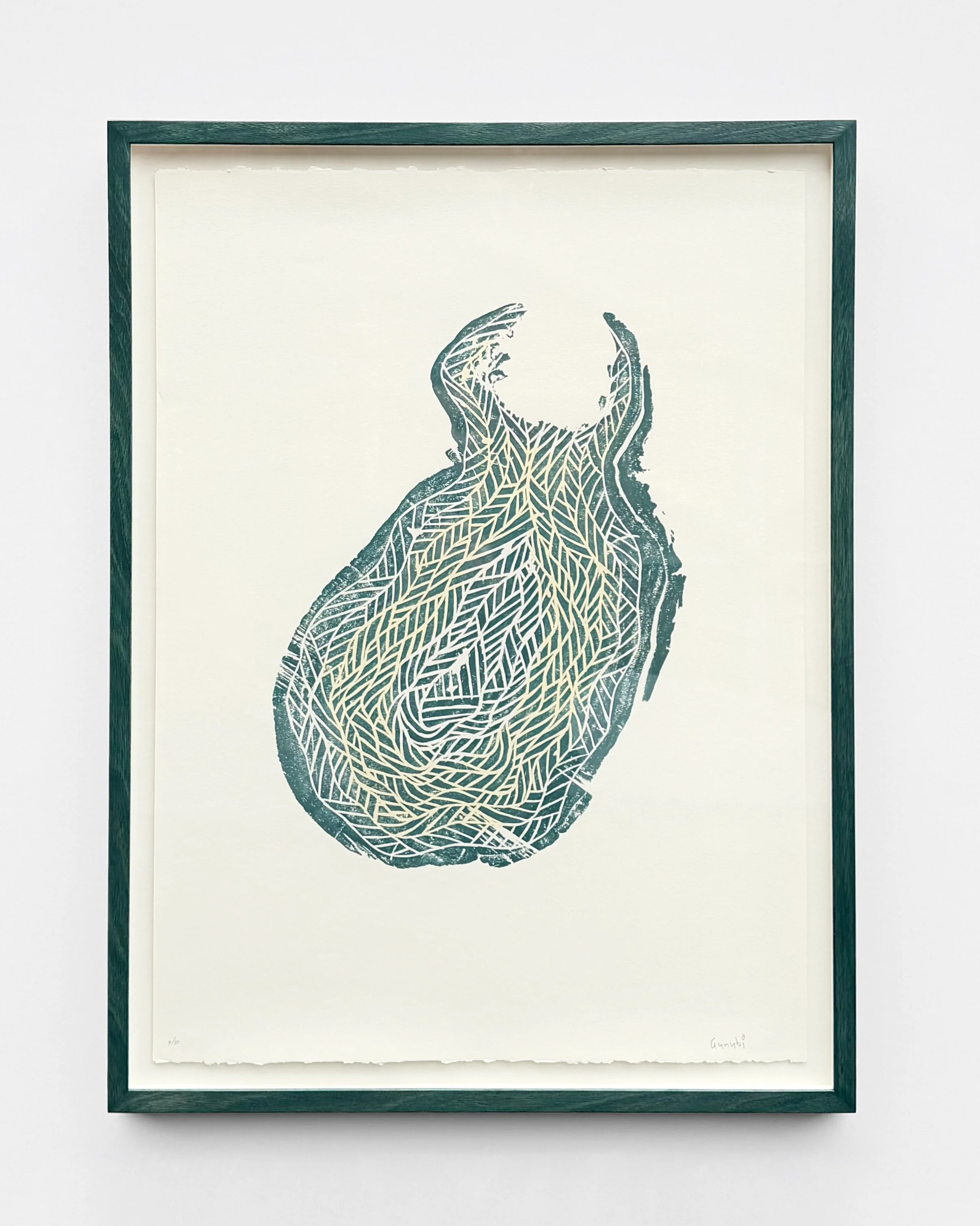 Gunybi Ganambarr&rsquo;s &lsquo;Darrangi&rsquo; (4/30), woodblock print on paper, float-mounted within an Australian oak frame with a colour-matched wax finish 💚