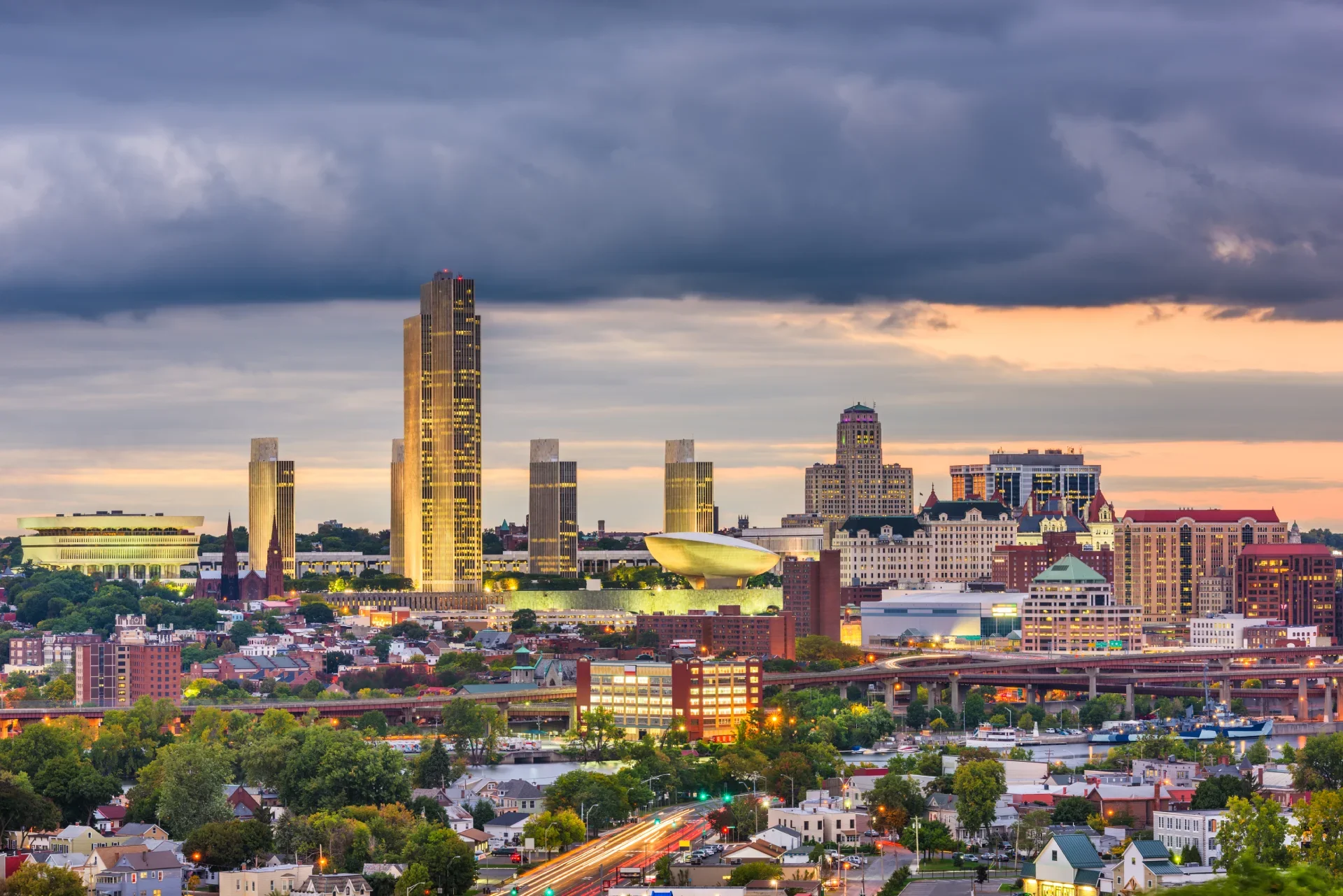 albany new york skyline many buildings clouds