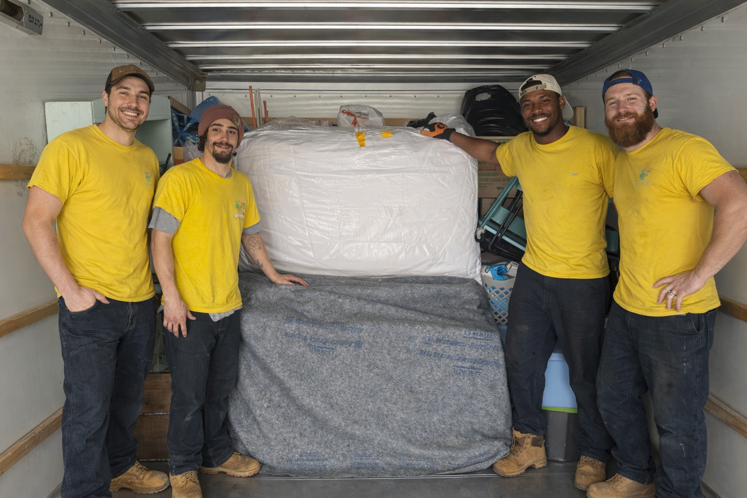 A man standing next to a white van with a red hand truck in his hand, outdoors on a sunny day with leafless trees in the background.