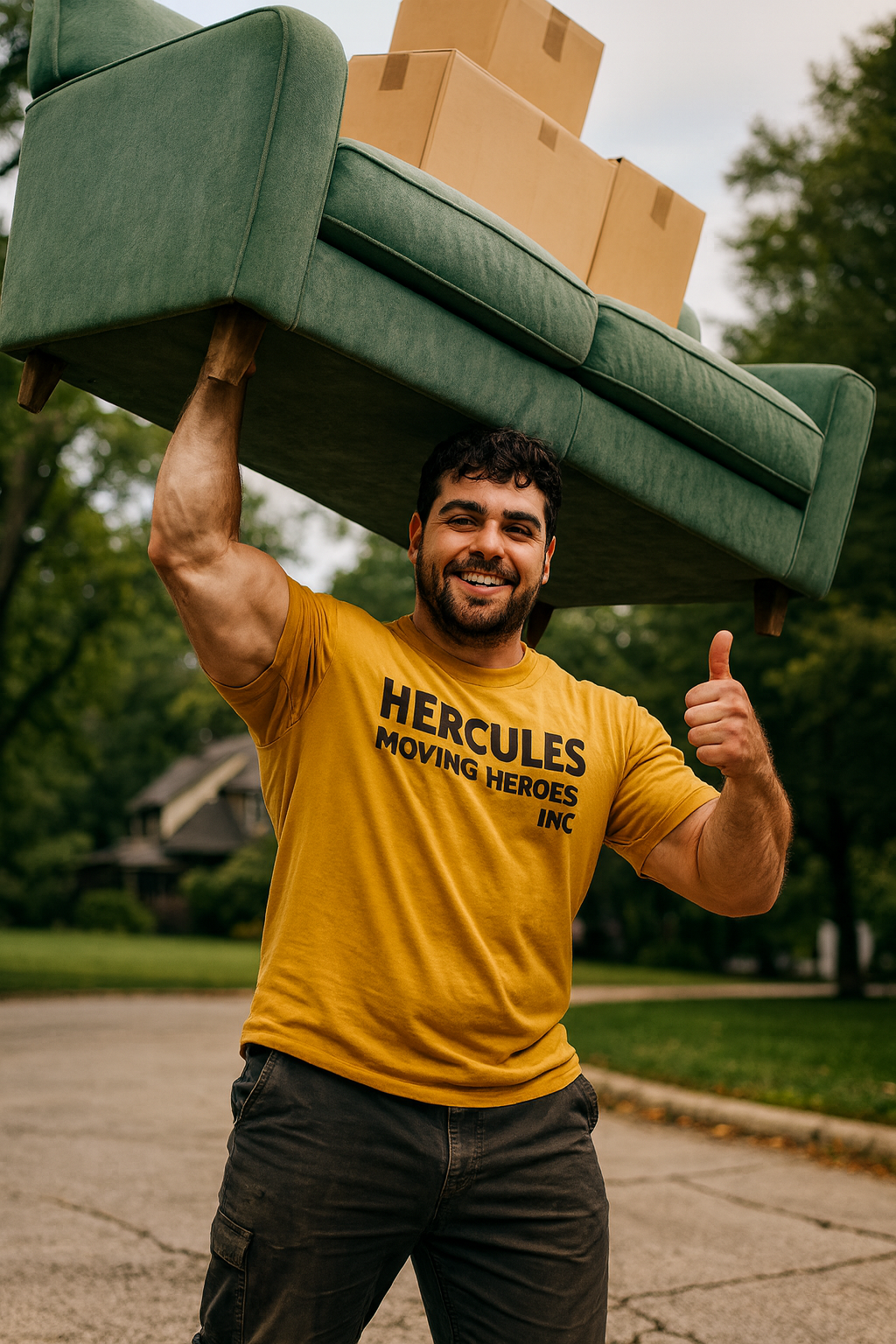 Two men standing indoors, holding a large air hockey table with a white playing surface, red goal circles, and the logo 'Aomine' in the center. The man on the left is wearing a yellow and black hoodie, dark pants, and black gloves, smiling at the camera. The man on the right is dressed in a black puffer jacket, black hood, yellow shirt, and brown boots, with his face partially covered by a mask, giving a thumbs-up and looking at the camera. The room has exposed wooden ceiling beams and white plastic sheeting on the walls.