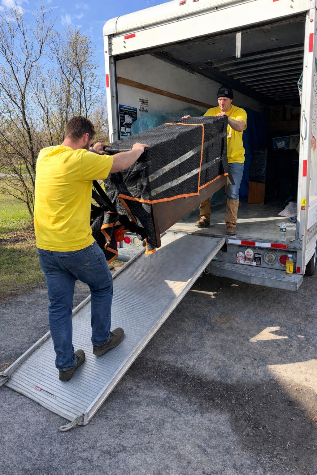 Two men standing indoors, holding a large air hockey table with a white playing surface, red goal circles, and the logo 'Aomine' in the center. The man on the left is wearing a yellow and black hoodie, dark pants, and black gloves, smiling at the camera. The man on the right is dressed in a black puffer jacket, black hood, yellow shirt, and brown boots, with his face partially covered by a mask, giving a thumbs-up and looking at the camera. The room has exposed wooden ceiling beams and white plastic sheeting on the walls.