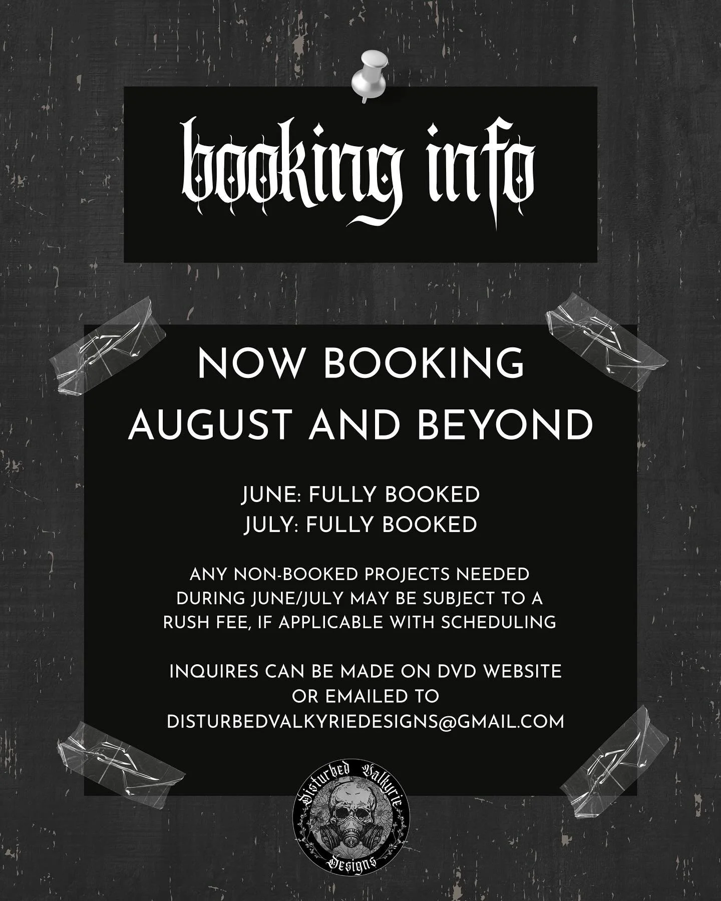 Now booking for August and beyond! Availability for all project types, including but not limited to cover design (author &amp; book box), interior formatting, graphics, and more. ✨

Inquire through DVD's website form or email! All pricing available o