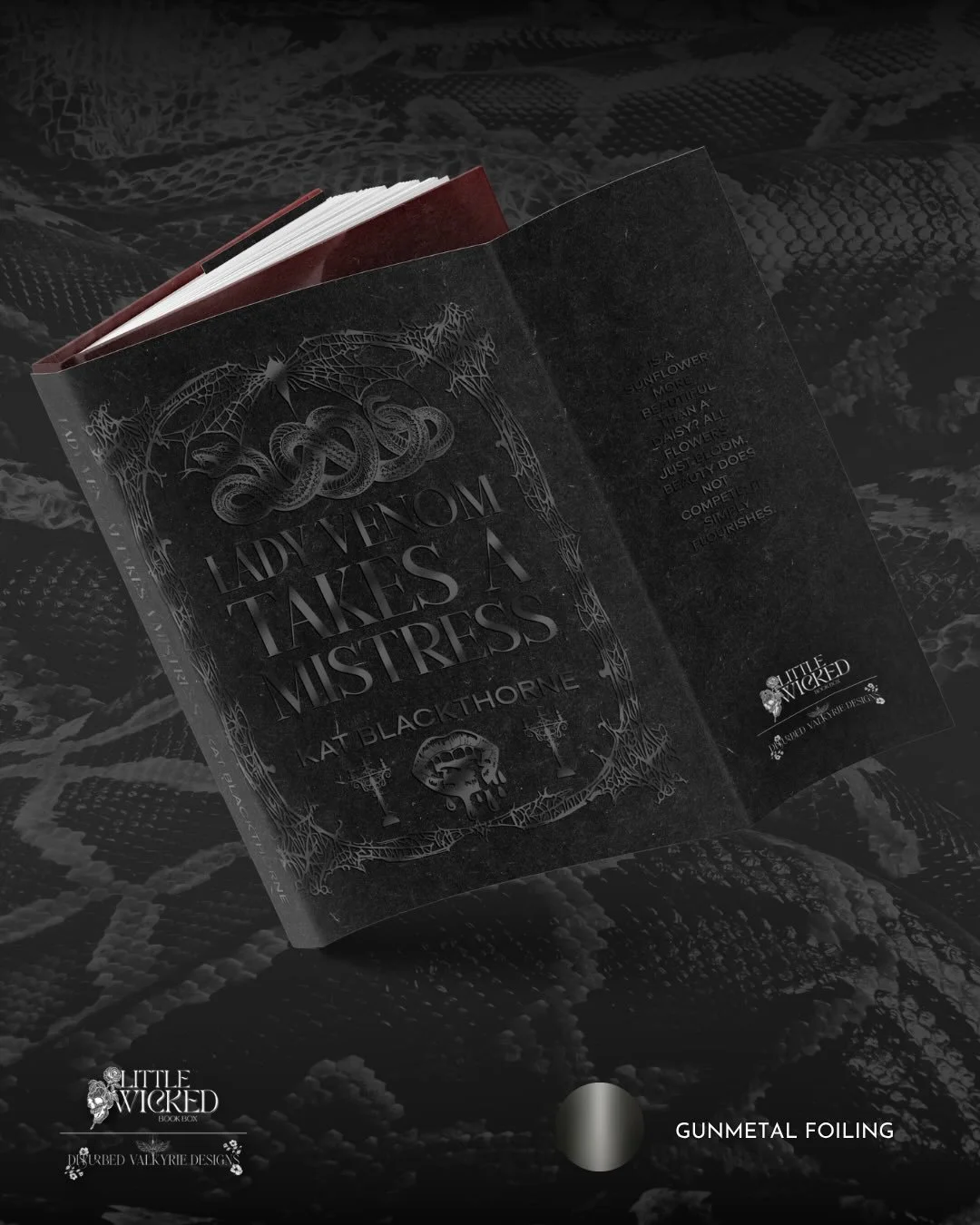 Exclusive @littlewickedbookbox Book Box Cover Reveal &mdash; Featuring Kat Blackthorne &mdash; 'Lady Venom Takes A Mistress' 🩸

&bull;&bull;&bull;

Gunmetal foiling on a black background? Essentially, black on black, unless the sun hits it? Sold. Yo