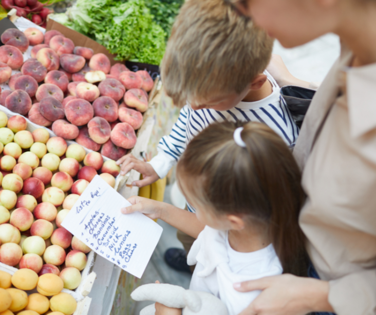 mother and two children buying fruits