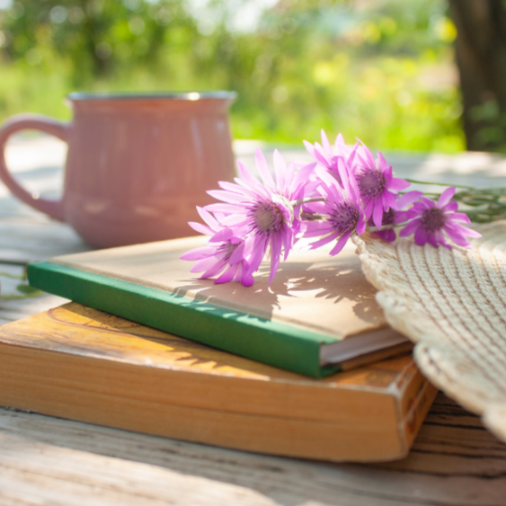 Pink flowers resting on books beside a mug on a sunlit outdoor table
