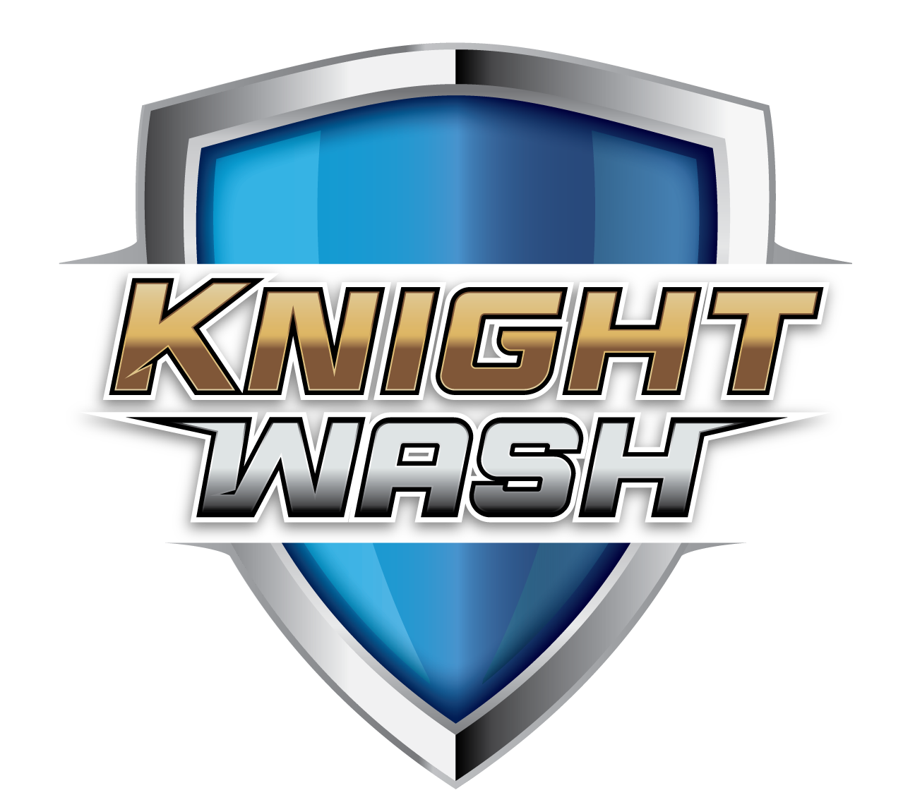Image of Knight Wash's logo. Shiny gray and blue shield with the text "Knight Wash" in the middle.