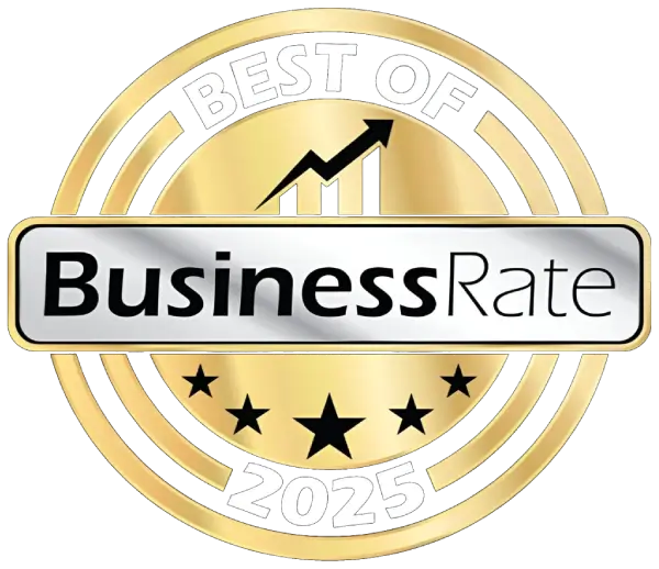 Image of BusinessRate's "Best of 2025 Award". Gold Lined circle with the company name in the center