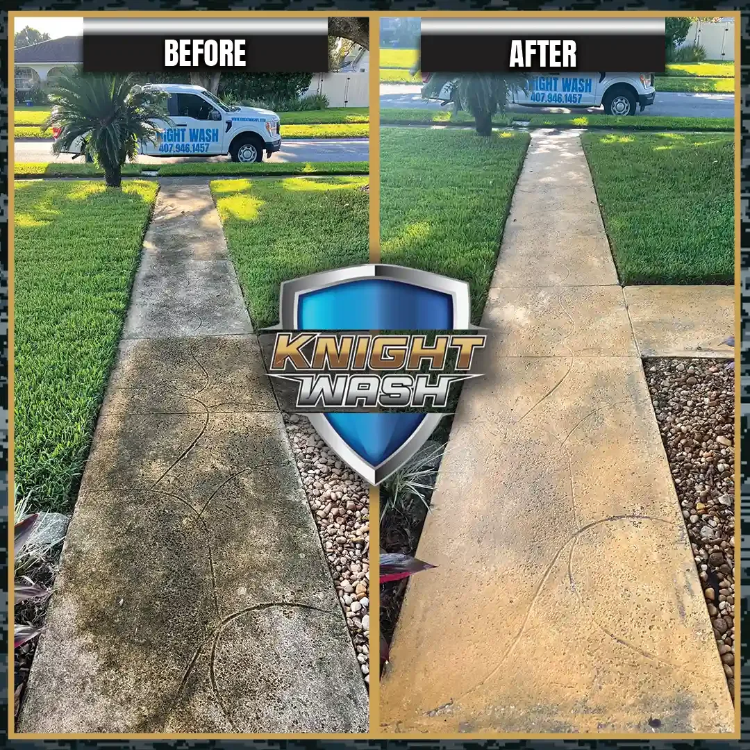 Dirty beige concrete sidewalk before and after cleaning showing the transformative results of pressure washing