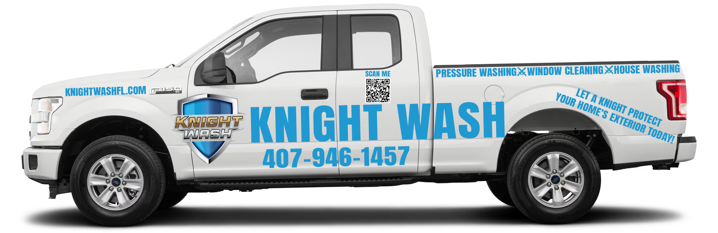 Pickup truck with a blue colored knight wash livery on the side of it with the services listed out; Pressure Washing, Window Cleaning, House Washing