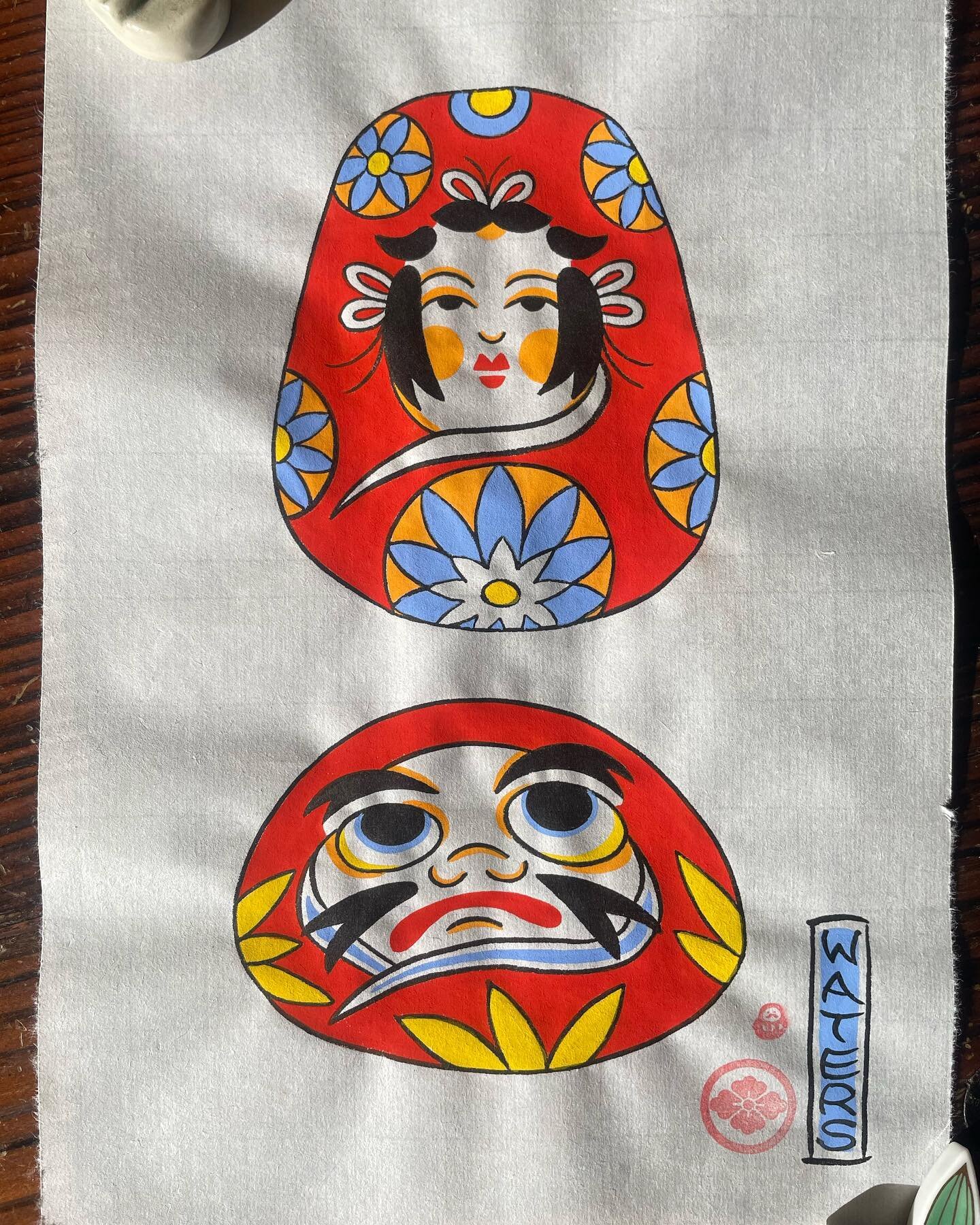 Couple of Darumas on some rice paper, designs available and I&rsquo;m taking bookings for larger, custom work also 💫