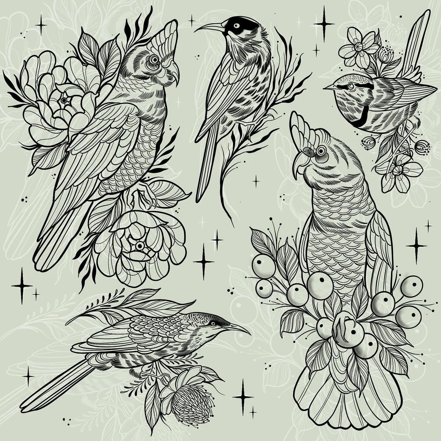 β¨ AVAILABLE FLASHβ¨ Flash inspired by some pretty Aussie birds π€ all available for my arrival at @wa.ink.tattoo - All flash is one off, when it’s gone it’s gone!! Drop me a message with size and placement and I’ll get back to you wi