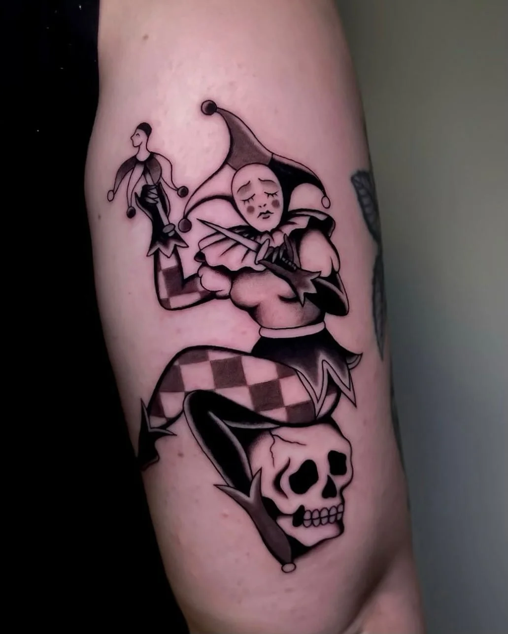 Little Jester lady tattooed yesterday for Lauren, thanks again β
β β
made at @wa.ink.tattoo
