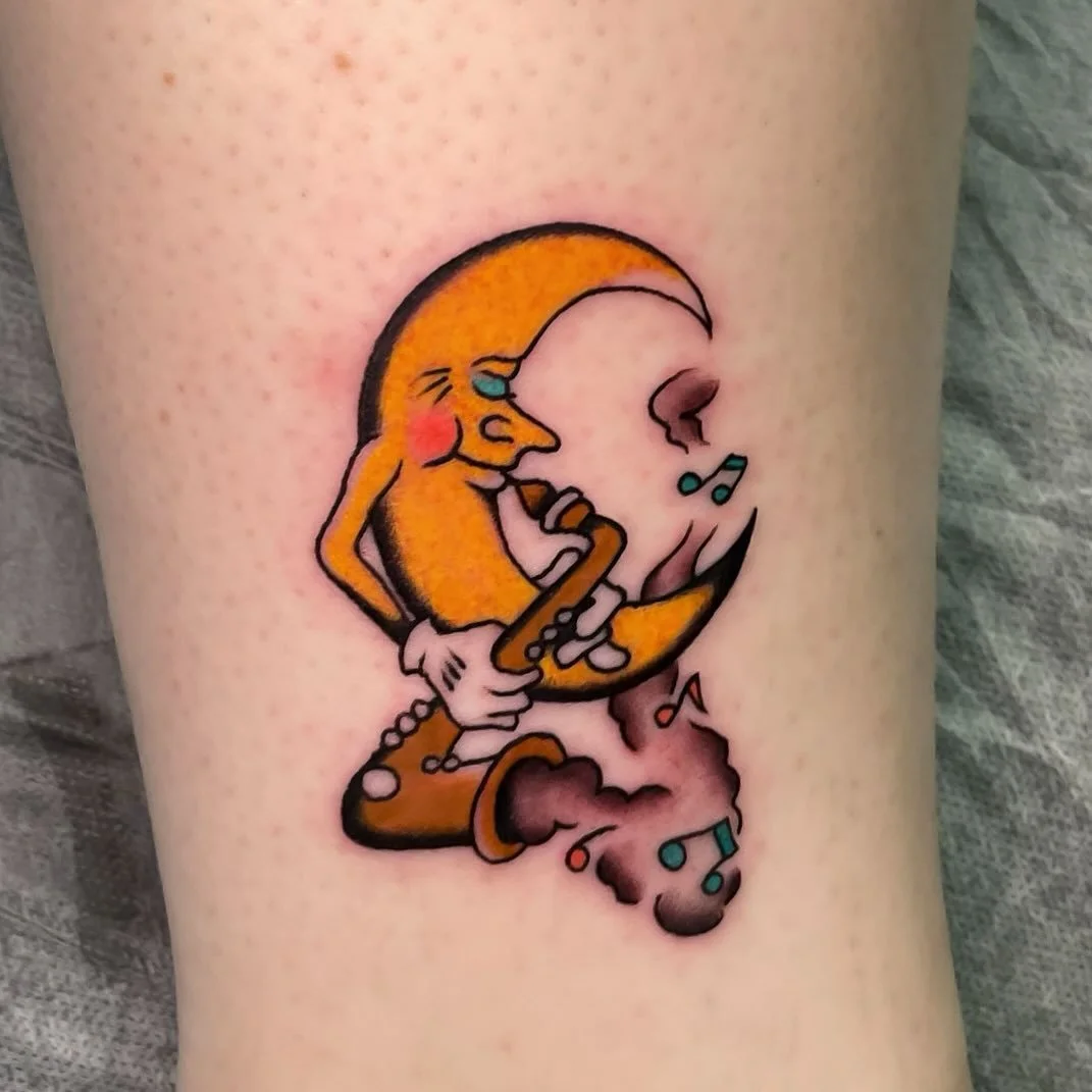 Little moon from my collection of acetate stencils for Sammi, Thank you for having so much trust in me! Still doing these at a discounted rate, message me to make a piece of tattoo history yours ★ ☆ ★  made at @wa.ink.tattoo