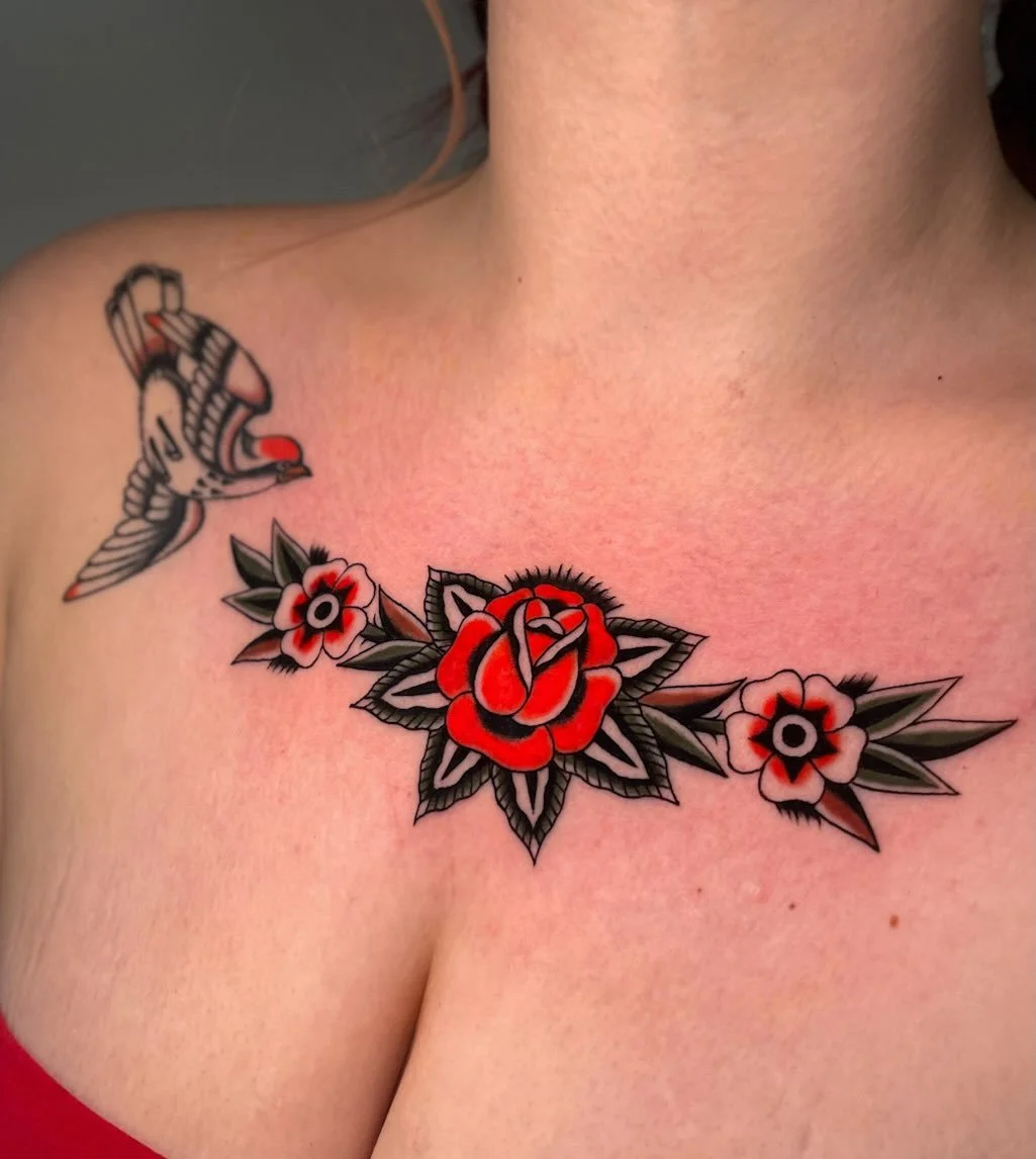 Floral collar made for the lovely Talia next to some healed birds from a few months back ★ ☆ ★ made at @wa.ink.tattoo