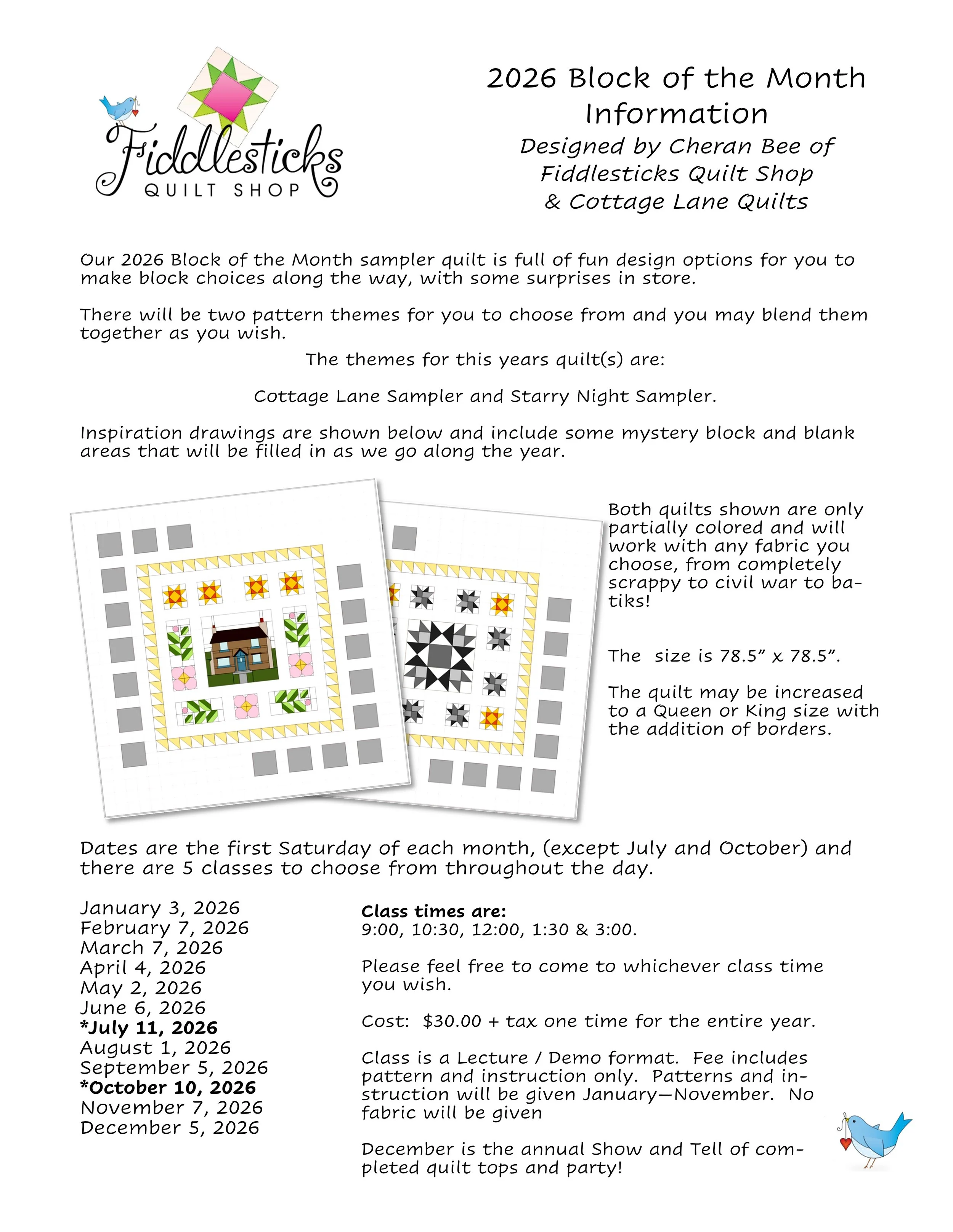 2026 Fiddlesticks Quilt Shop Block of the Month