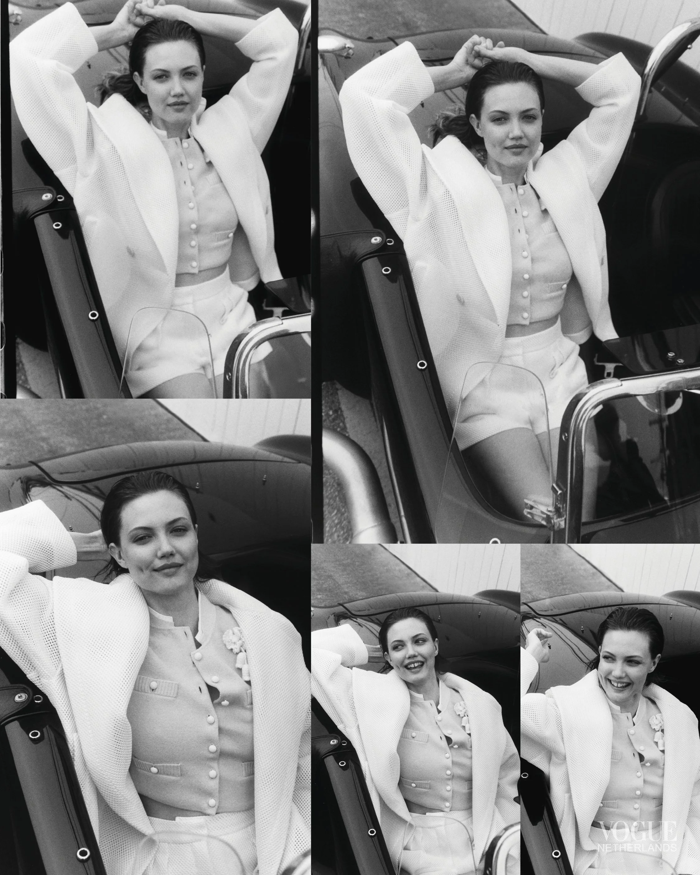 Collage of five black-and-white photos of a woman sitting in a vintage car, posing with her arms behind her head, smiling and looking relaxed.