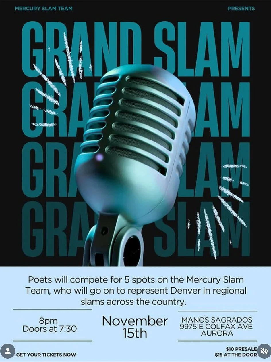An honor to host the Mercury Slam Team Grand Slam on November 15th! 5 slots are open for this legendary team. Tix on sale now.
And congrats to Matthieu, last night’s winner of the Sunday Slam ✨
@denvermercurypoetry