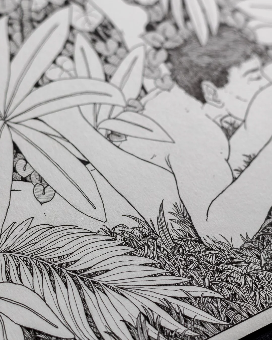 Line drawing of a person with short hair and a partial view of their face, surrounded by various detailed plants and leaves.