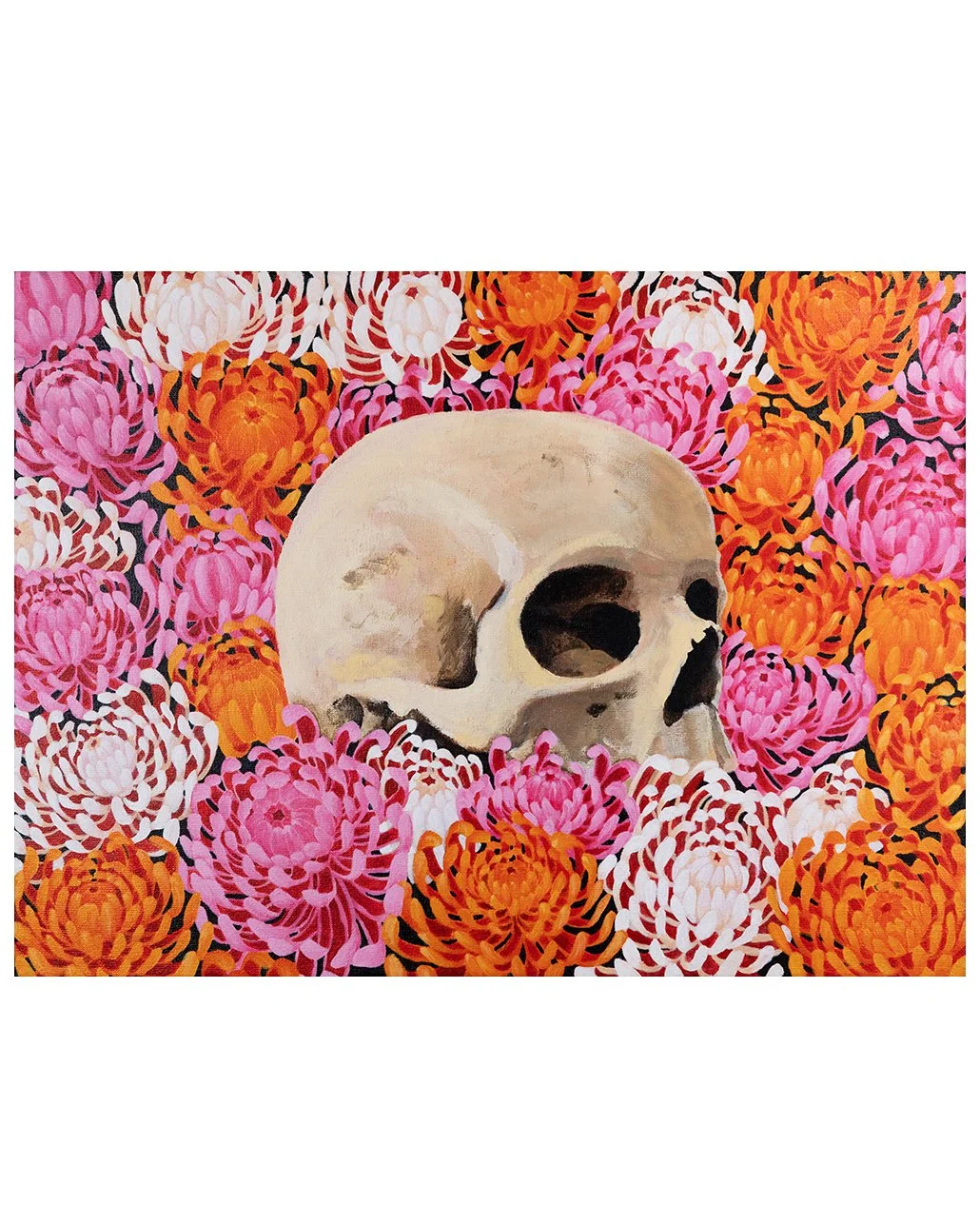A skull surrounded by pink, orange, and red flowers.