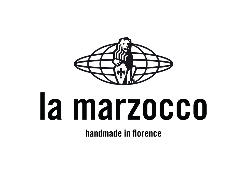 Logo with a drawing of a man holding a bottle over a globe, with the text 'la marzocco' and 'handmade in florence'.