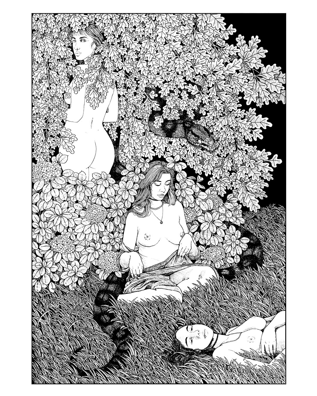 Black and white illustration of three naked women in a nature setting with large leaves, flowers, and a snake. One woman is lying on her back on the grass with her eyes closed, another is sitting with her eyes closed and hands on her lap, and the third is standing behind the foliage with her face partially visible.