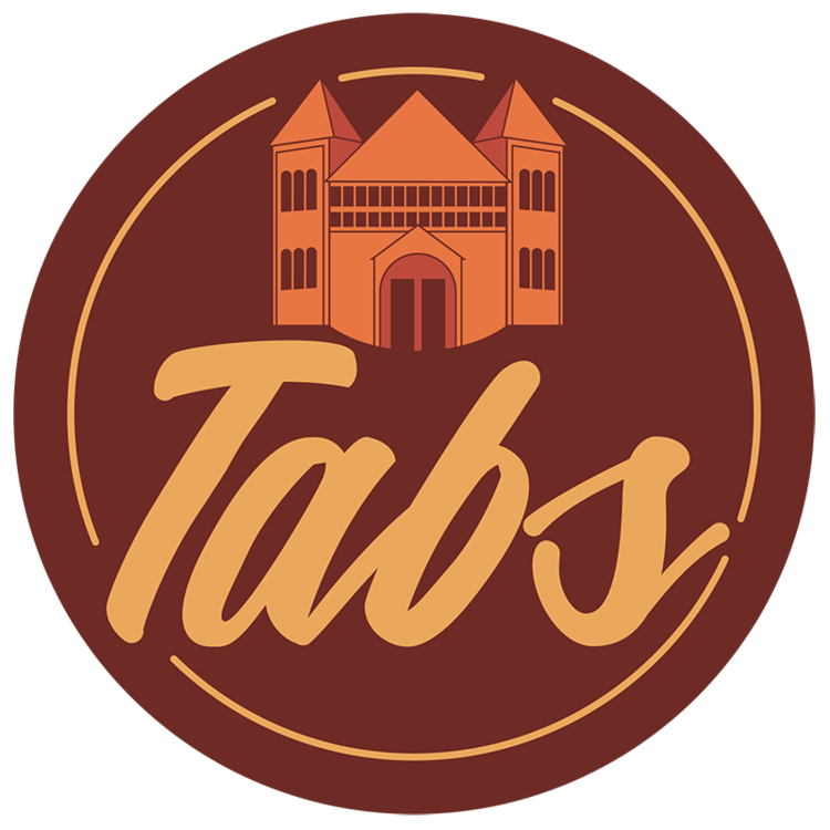 Logo featuring an illustration of a building resembling a church or castle with towers, above the word "Tabs" written in cursive font, all on a brown background.