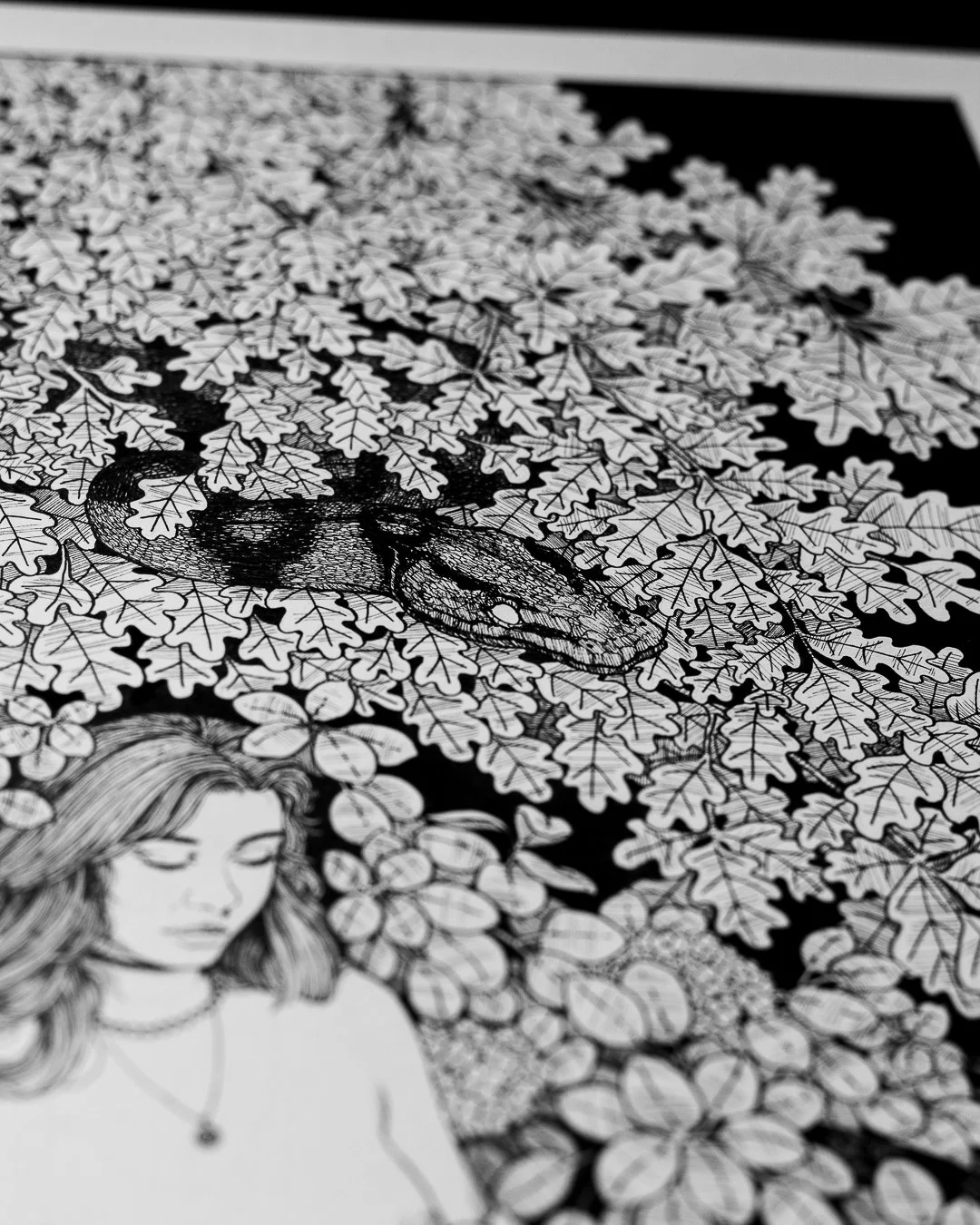 Black and white illustration featuring overlapping oak leaves, with a detailed snake and a woman's face among the foliage.