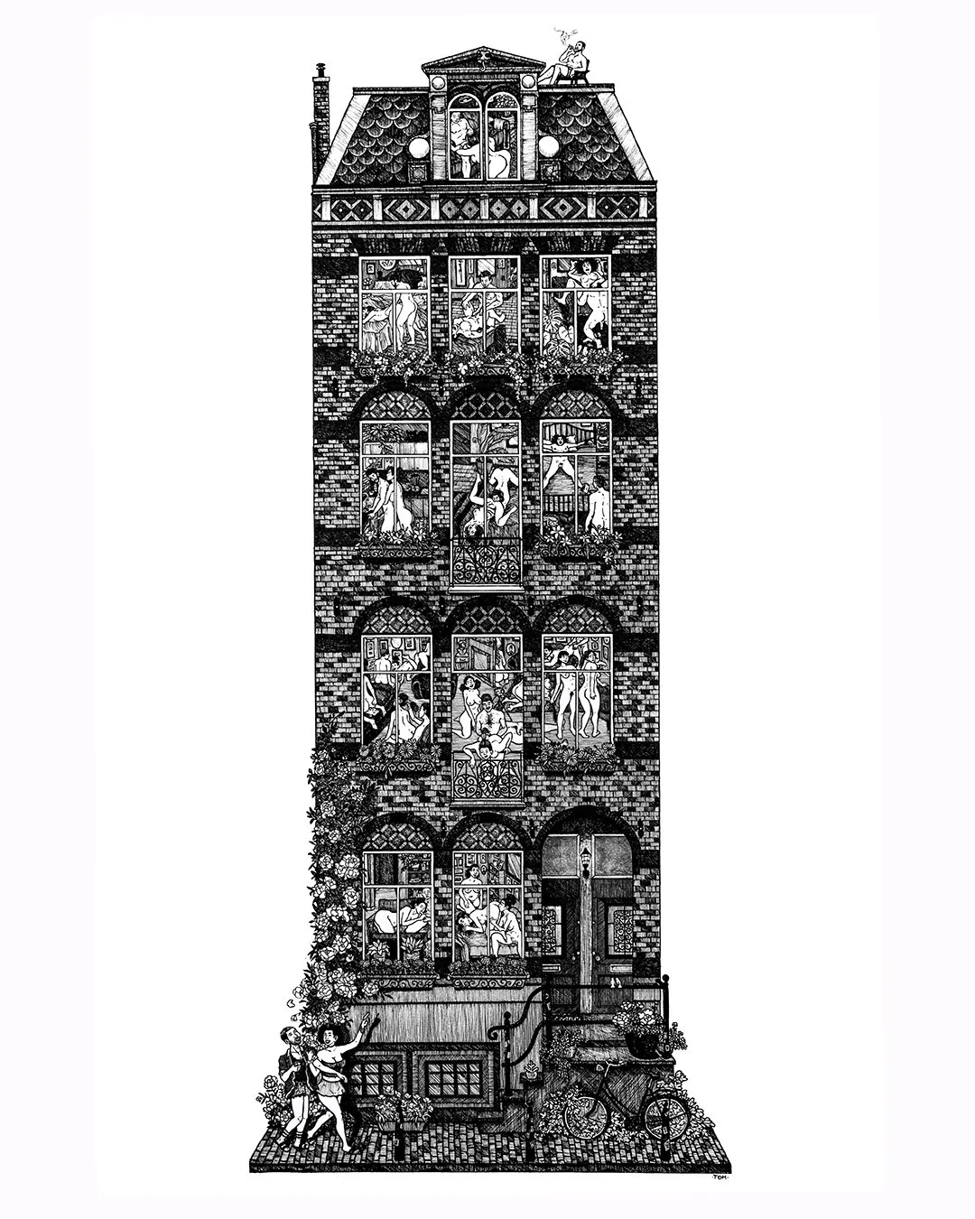 Illustration of a tall, multi-story brick building with many large windows. Inside the windows, various scenes of people engaging in different activities can be seen. The building has decorative elements, balconies with plants, and a rooftop with sit