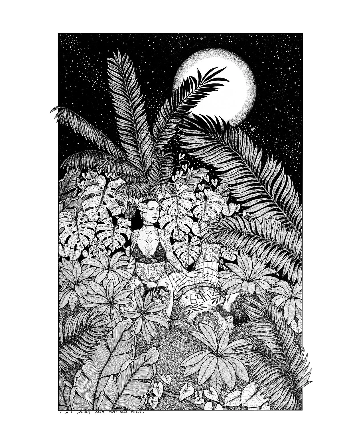 Black and white illustration of a woman with tattoos, surrounded by large tropical leaves, under a bright full moon in a starry night sky.