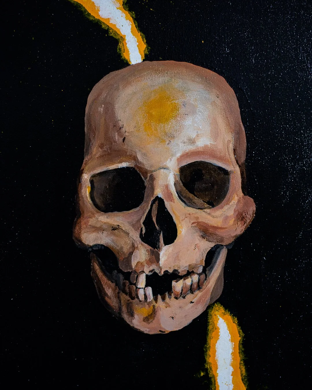A painting of a human skull with a yellow spot on the forehead and black eye sockets, set against a starry black background. There is a streak of yellow and white running from the top left to the bottom right.