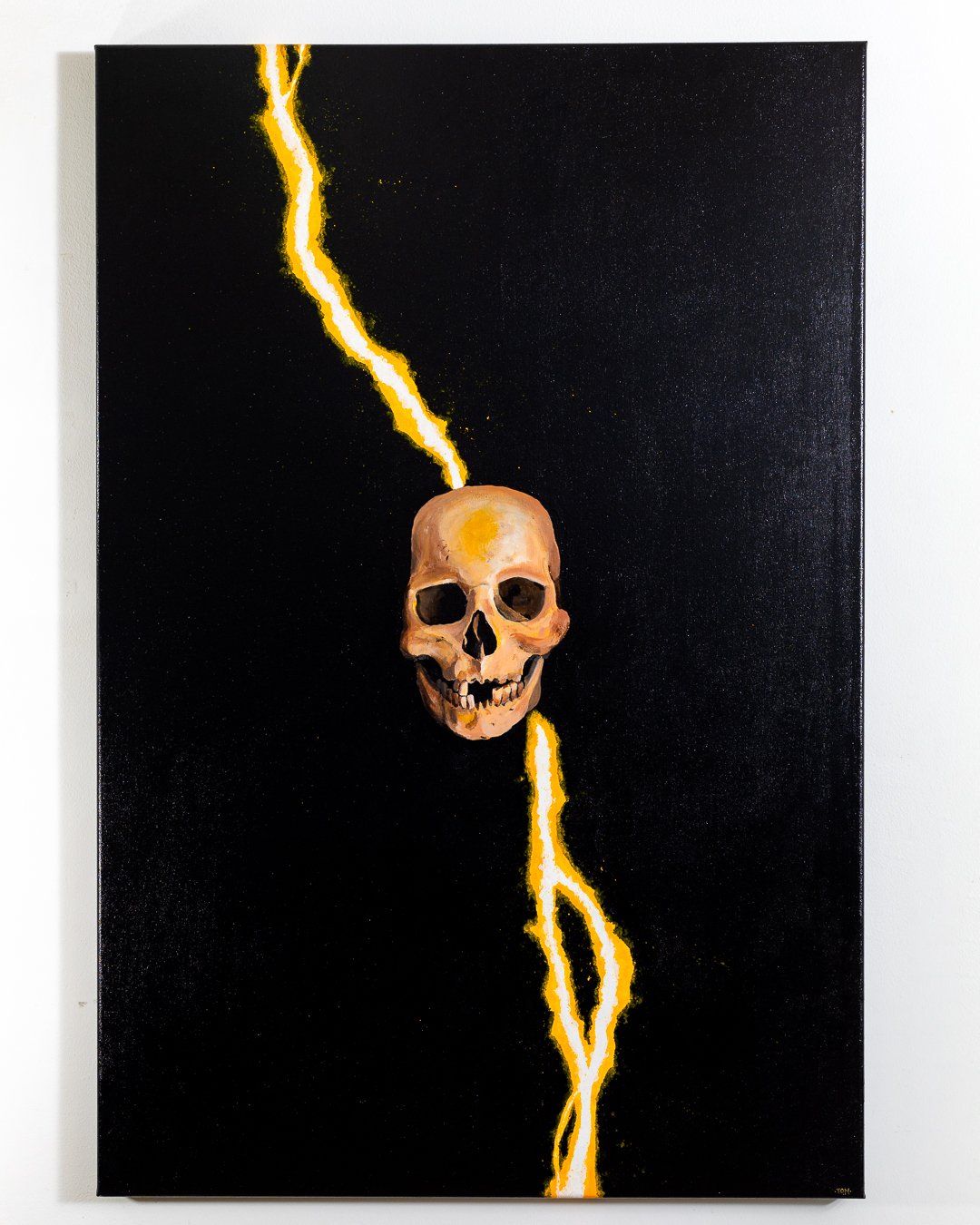 Painting of a human skull with a lightning bolt passing through it, set against a black background.