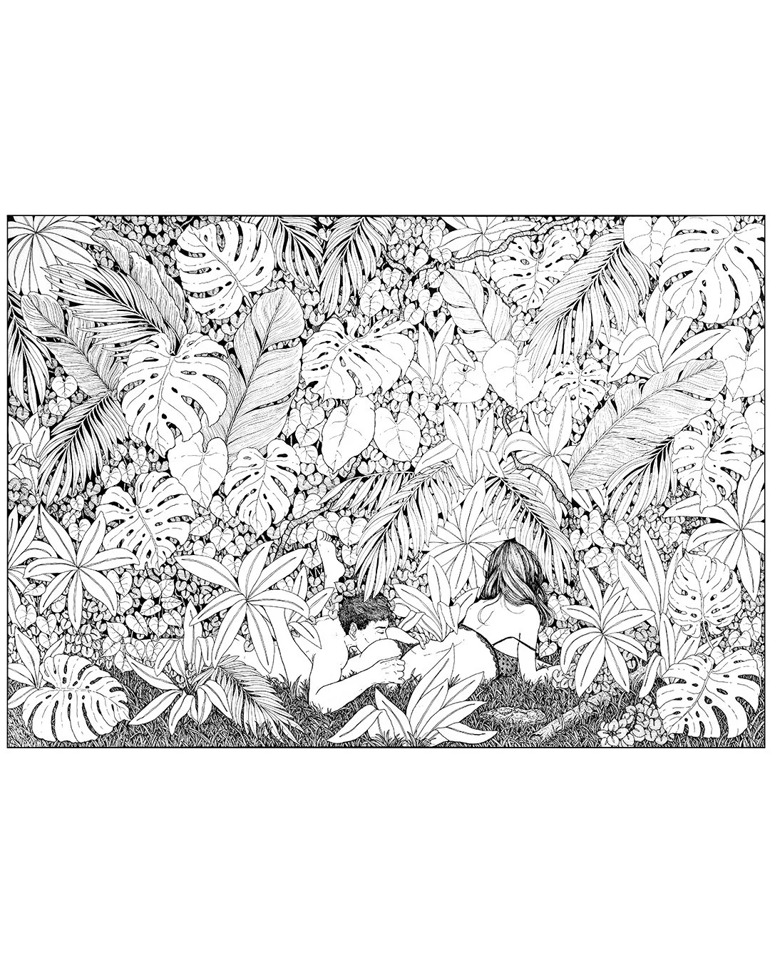 Black and white line drawing of a woman and a child resting among large tropical leaves and plants.