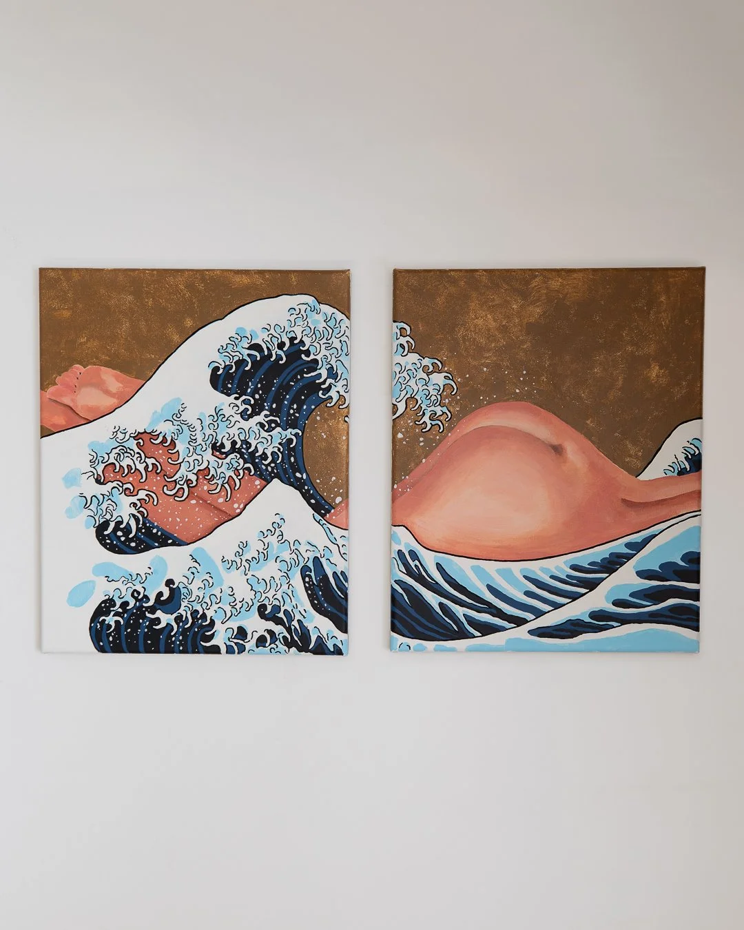 Two panels of artwork depicting stylized ocean waves in the style of Hokusai, with a mountain or hill in the background, set against a textured brown sky.