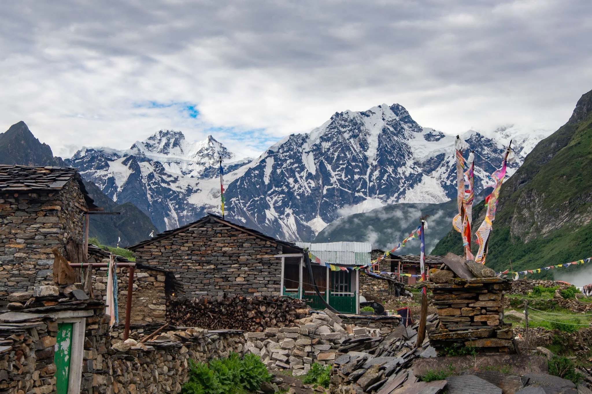 Remote Himalayan village Samdo with a dramatic mountain rising behind it