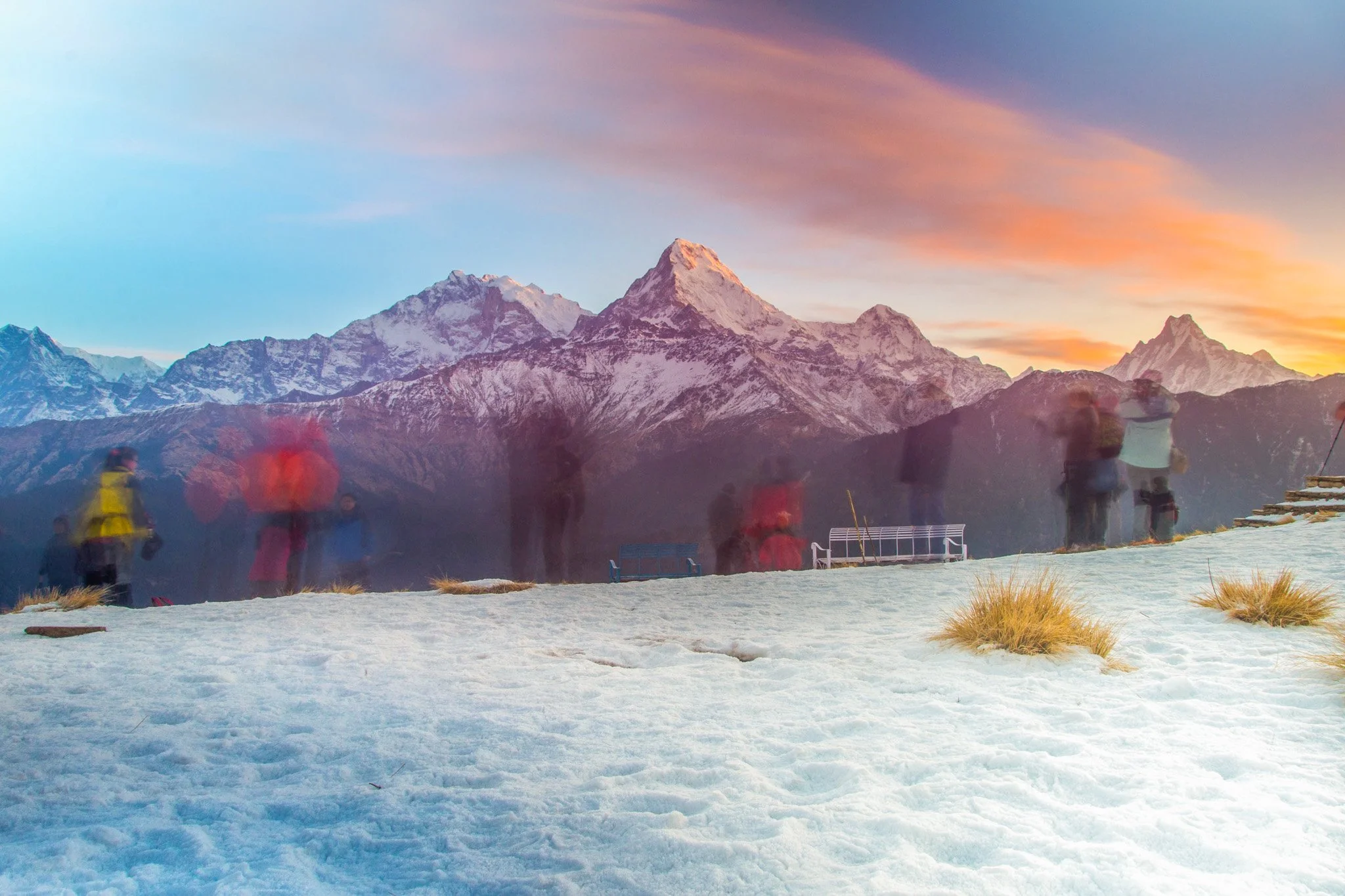 Golden hour view of the Annapurna range seen from Poon Hill