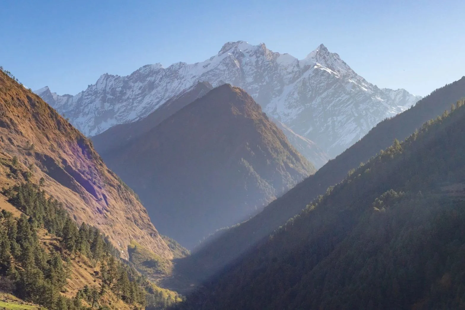 Wide Himalayan mountain backdrop with a green valley stretching across the foreground
