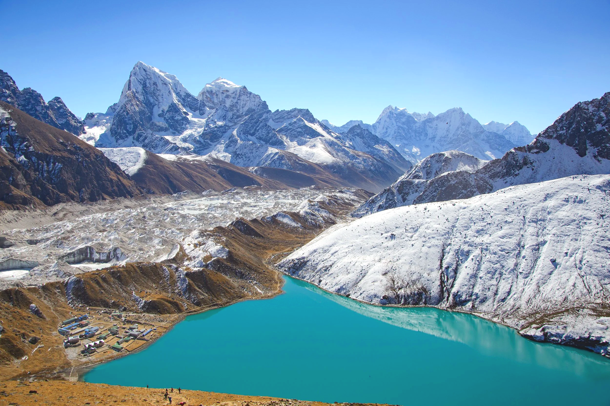 View from Gokyo Ri with the turquoise Gokyo Lake below, Gokyo village beside it, and towering Himalayan peaks in the background.