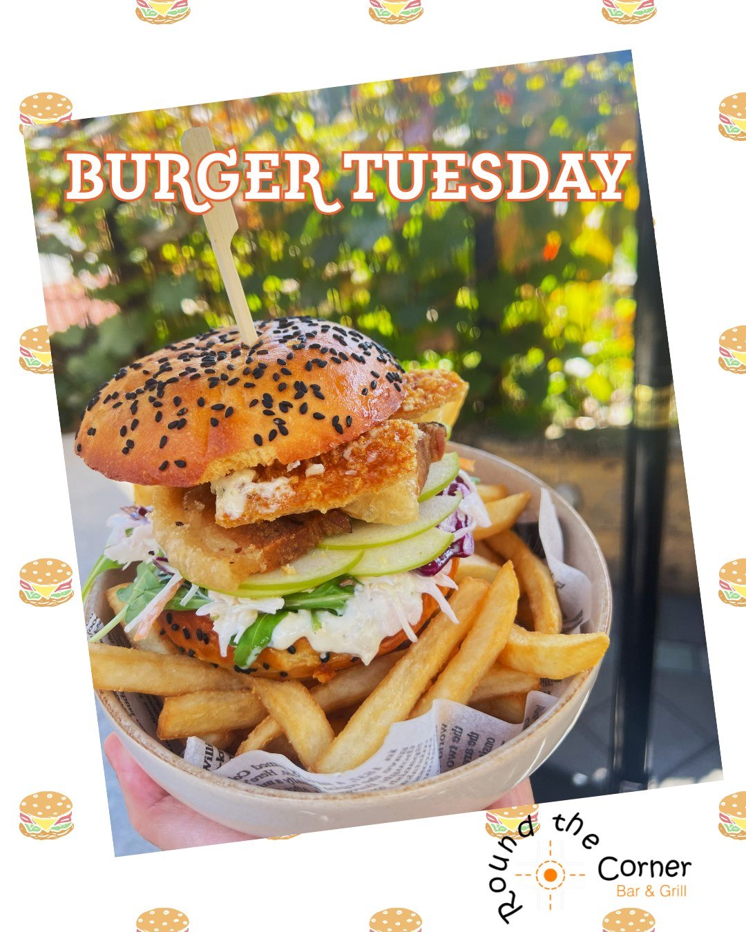 TUESDAY is BURGER Day 

🧀Cheeseburger &amp; Pint $15 
🍔Classic Beef Burger and Chips $20 *
🐟Tuscan Barramundi Burger &amp; Chips $20 *

🐖The Orchard Belly Burger &amp; Chips $25 *
Crispy sticky glazed pork belly meets its match in this bold burge