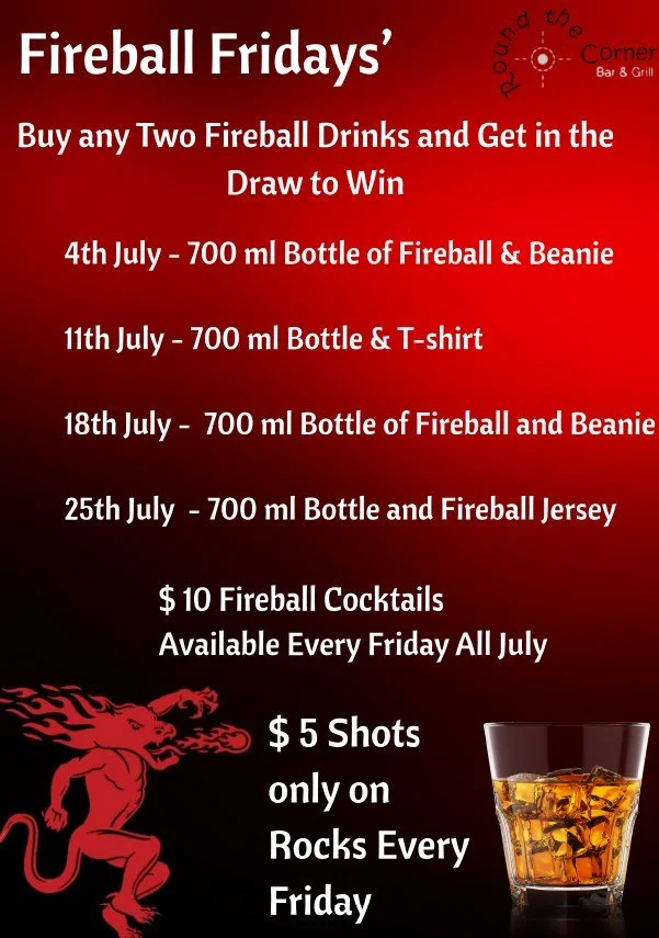 🔥FIREBALL FRIDAY
Giveaways every week! 
$5 Shots on the Rocks every Friday.
$10 Fireball Cocktails

All July - Every Friday

#fireballfriday🔥 #perthpub #perthbar #perthdrinks